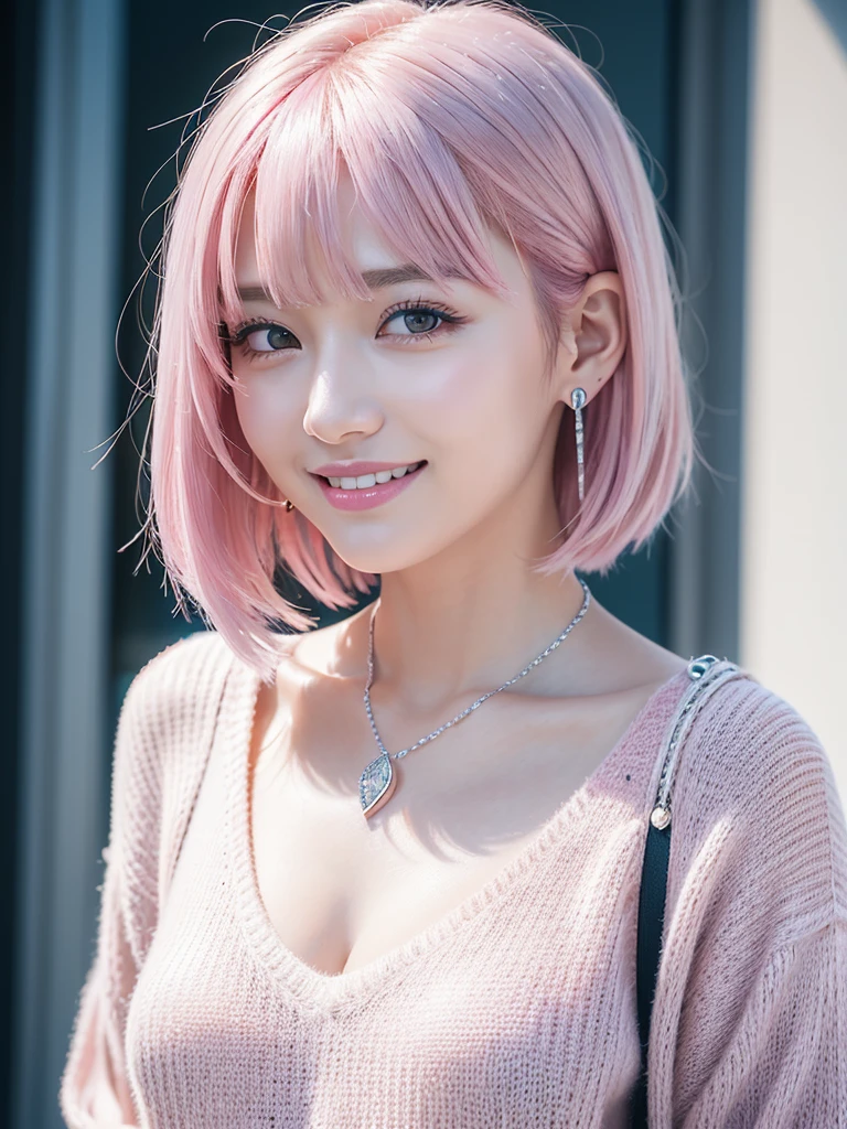 (8K, Highest quality, masterpiece:1,2), (Realistic, Realistic:1.37), Super detailed, One Girl,), (Very detailedな), (Beautiful and detailed), (Highest quality), (Very detailed ), (masterpiece), (Detailed face),20-year-old, ,1 Girl, ((Pink Hair,Very short hair)), Dressed, Perfect lighting,  (White sweater:1.2),  (Silver Earrings:1.1), (Silver Necklace:1.1) Cut the left bangs, Pin on right ear, smile, Teeth are visible, Eyes staring at the camera, Place one&#39;Right hand in one&#39;Coat pocket, place your left hand on your hip, Put your right foot forward, The left leg is bent, Urban Background, Dark colors, Contrast, Evening Light, Light from the left, Right Shadow, Coat and tights texture,head shot