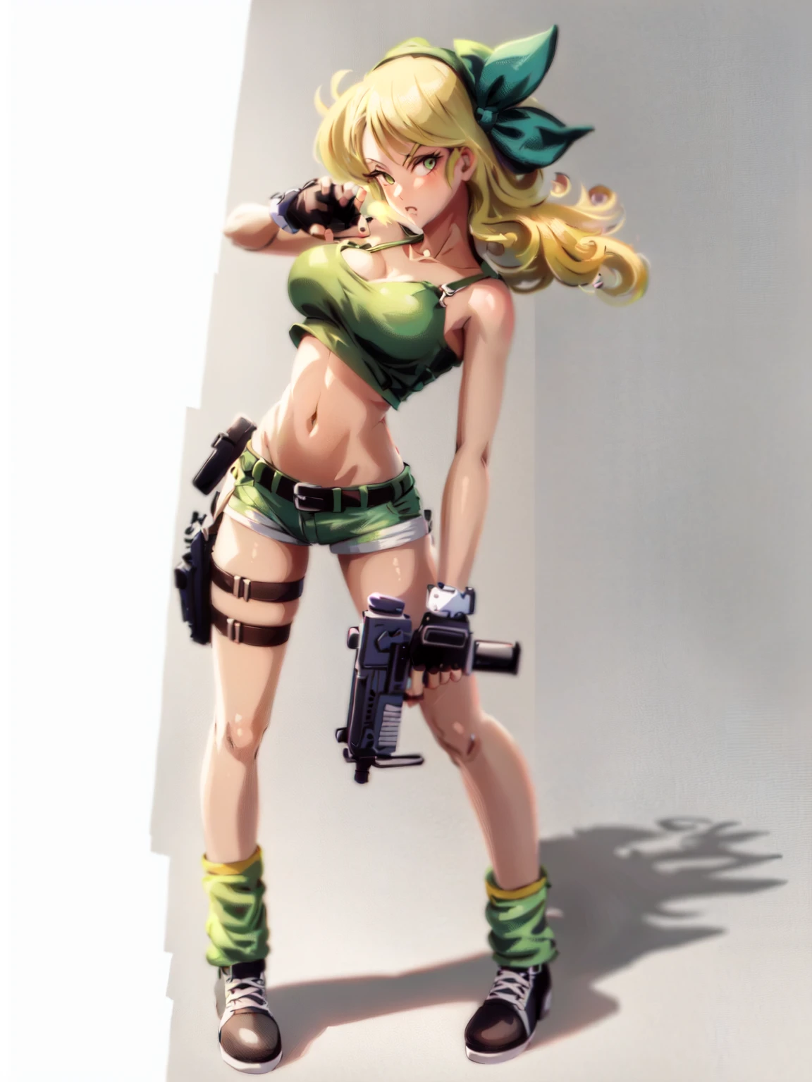 1girl, solo, weapon, shorts, gloves, gun, breasts, long hair, midriff, crop top, fingerless gloves, navel, shoes, full body, curly hair, cleavage, short shorts, hairband, submachine gun, yellow shorts, socks, holding weapon, holding, holster, simple background, tank top, sneakers, standing, belt, handgun, holding gun, white background, thigh holster, hair ribbon, collarbone, large breasts, bow, loose socks, medium breasts, looking at viewer