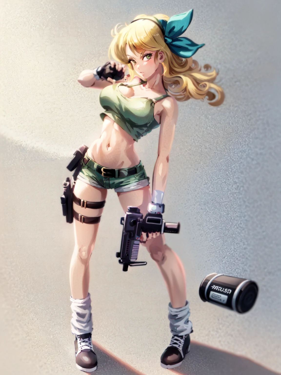 1girl, solo, weapon, shorts, gloves, gun, breasts, long hair, midriff, crop top, fingerless gloves, navel, shoes, full body, curly hair, cleavage, short shorts, hairband, submachine gun, yellow shorts, socks, holding weapon, holding, holster, simple background, tank top, sneakers, standing, belt, handgun, holding gun, white background, thigh holster, hair ribbon, collarbone, large breasts, bow, loose socks, medium breasts, looking at viewer