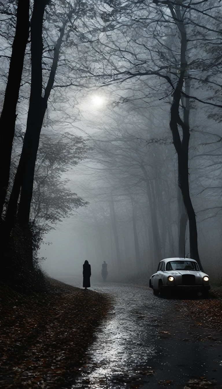 Sur le bord de la route forestière, la silhouette de la Dame Blanche se dessine dans la brume nocturne. Sa robe blanche flotte autour d'elle, contrastant avec ses longs cheveux sombres qui dissimulent son visage pâle et troublant. Les arbres tordus et la brume épaisse accentuent l'atmosphère fantomatique. À l'intérieur de la vieille voiture, le conducteur, visiblement effrayé, observe la Dame Blanche avec une appréhension croissante. Cinématique, fort contraste, effrayant.