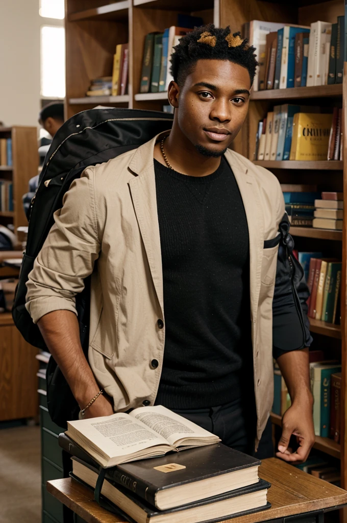 university black man with books in hand