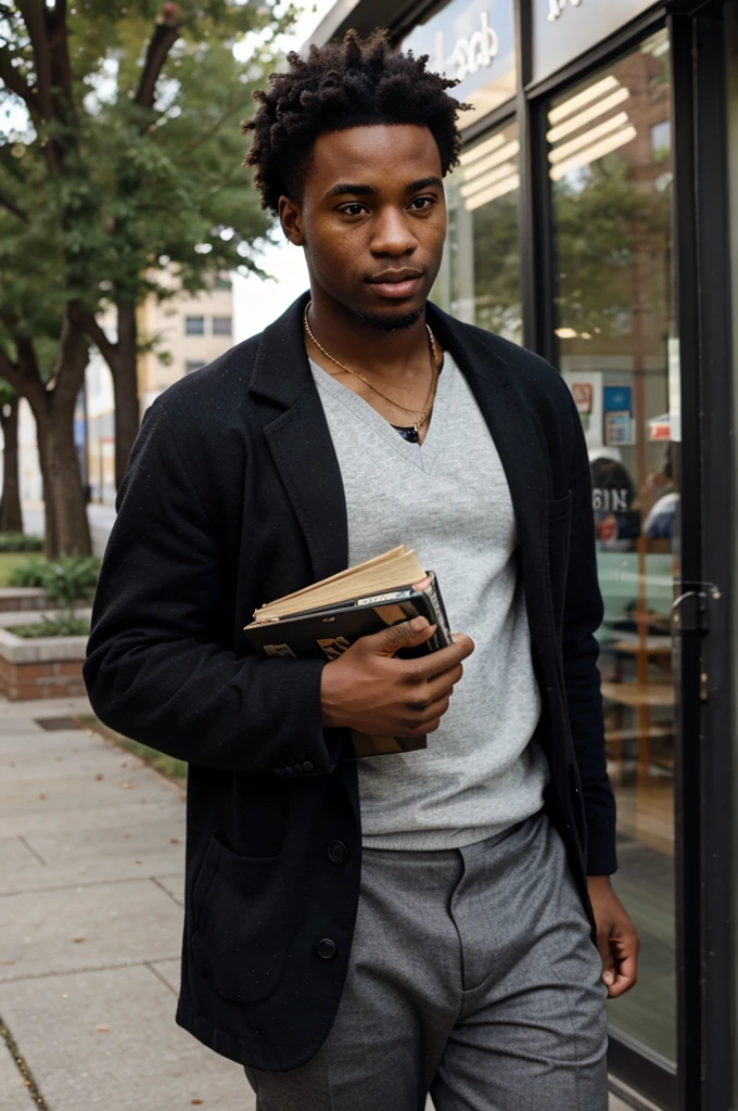 university black man with books in hand