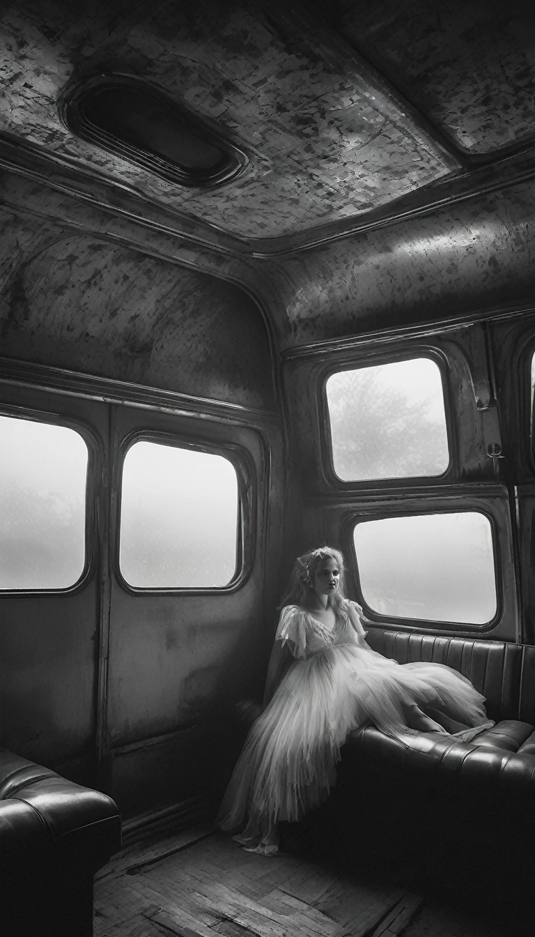 À l'intérieur de la vieille voiture, l'atmosphère est tendue. La Dame Blanche, vêtue d'une robe blanche flottante, est assise silencieusement à côté du conducteur. Ses longs cheveux sombres cachent une partie de son visage pâle et sinistre. Le conducteur, visiblement anxieux, observe la route forestière brumeuse à travers la fenêtre. L'obscurité et la brume épaisse ajoutent à l'ambiance effrayante. Cinématique, fort contraste, effrayant.