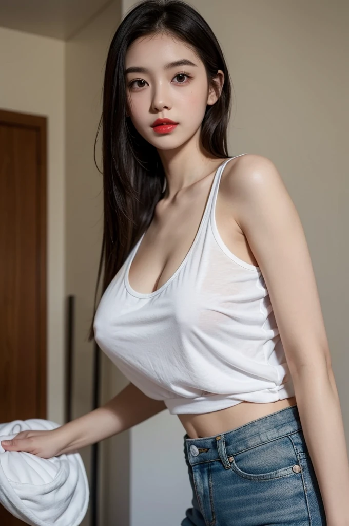 A very cute girl, solo, young, wearing tank top and short pants, big breasts, white and smooth skin, standing, long hairs, red lip, at home, realistic face