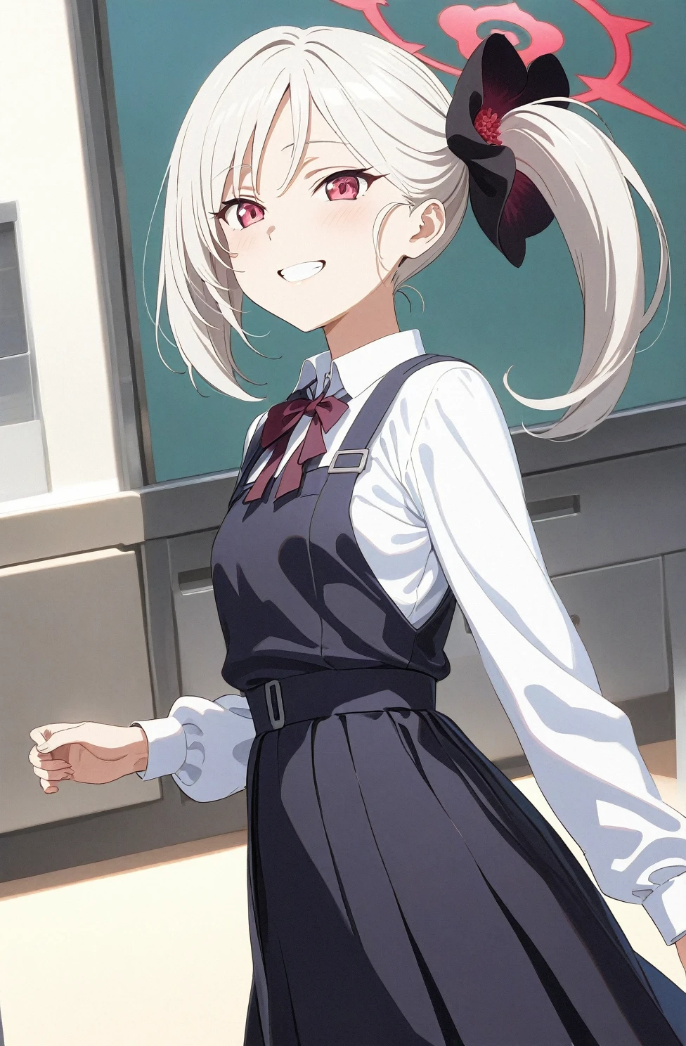 best quality, amazing quality, very aesthetic, absurdres, (1girl, mutsuki, blue archive, solo, red eyes, white hair, side ponytail), (realistic face:0.7),(pinafore dress:2), (grin, thigh:1.3), (cowboy shot), (glowing eyes:1.1), (half closed eyes:0.9), (from side), kitchen, expressive eyes, perfect face, 4k, extremely detailed anime illustration, extremely detailed eyes, perfect anatomy, light rays, extremely delicate body, smooth skin, (school background:1.5), clear eyes, beautiful face, small breasts,(anime style:1.5), (Chiaroscuro:1.5), (highres:2), cinematic
