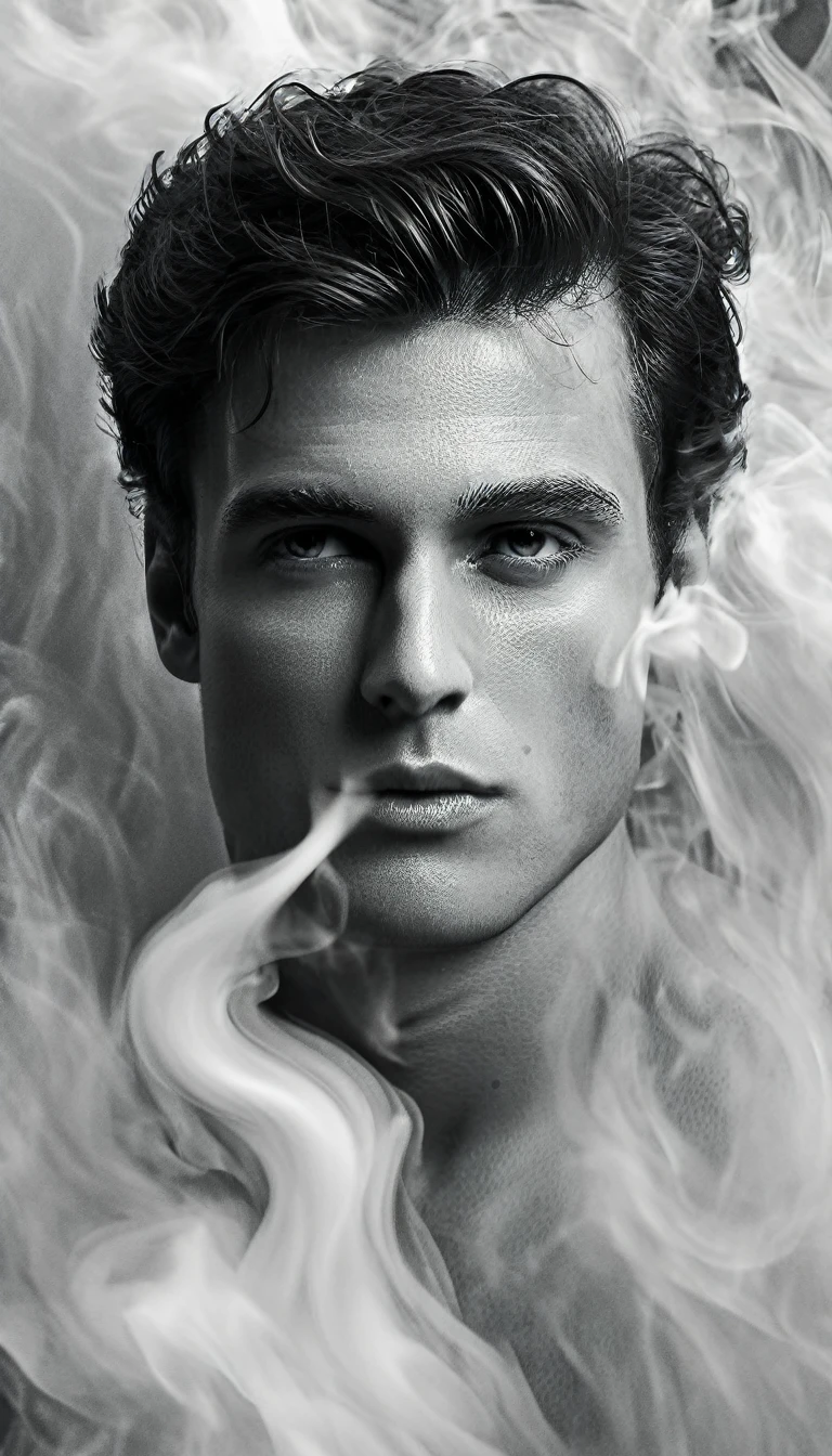 ethereal photo of the face of a full body, handsome man looking to the right, emerging from swirling strokes of smoke and vapors, style of Peter Lindbergh, intricate artwork masterpiece, eyes details, hands details, nail details, ominous, golden ratio, intricate, epic, trending on artstation, highly detailed, vibrant, production cinematic character render, ultra high quality model