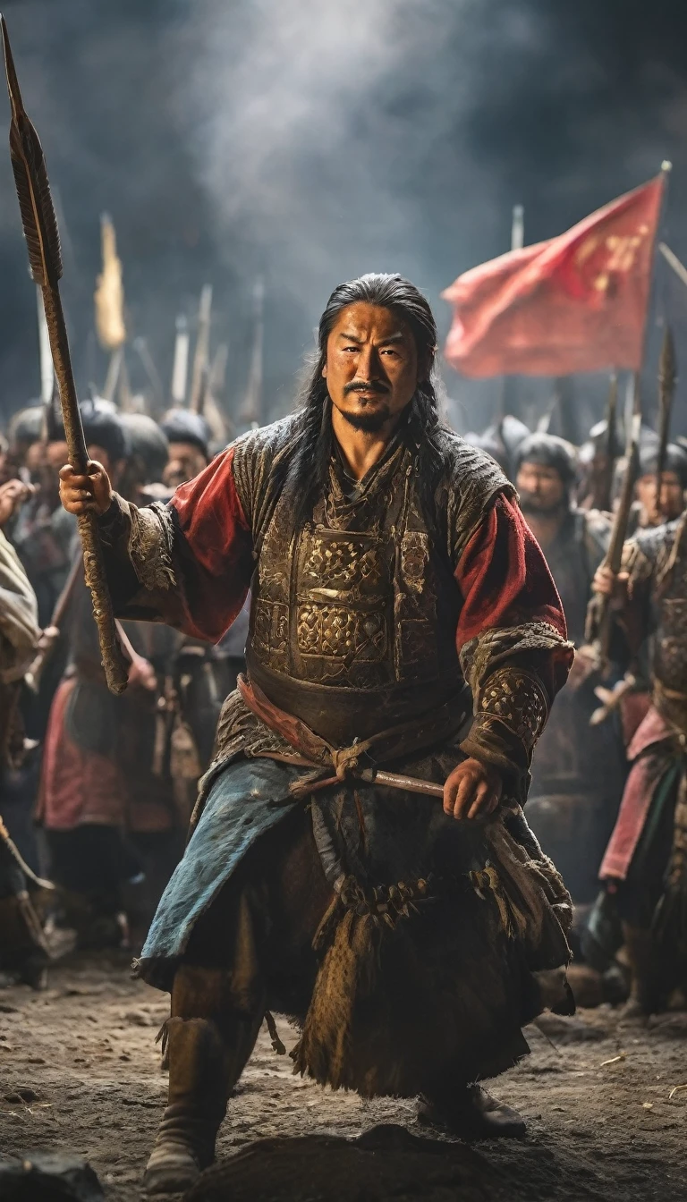 Genghis Khans forces triumphing over a rival tribe, celebrating their first major victory, background dark, hyper realistic, ultra detailed hyper realistic, photorealistic, Studio Lighting, reflections, dynamic pose, Cinematic, Color Grading, Photography, Shot on 50mm lens, Ultra-Wide Angle, Depth of Field, hyper-detailed, beautifully color, 8k