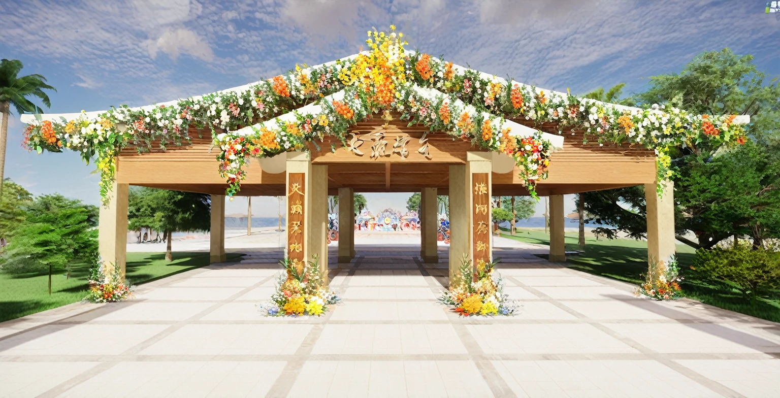屋顶上有一个凉pavilion,Flowers and green plants are planted on it, Covered outdoor stage, 唐朝的美丽Rendering, detailed Rendering, 完全详细Rendering, wedding, Front perspective, Rendering, 3d Rendering, 3 d Rendering, 非常详细的Rendering, pavilion, 预Rendering, Dahua Temple, shrine, 在 lumion pro 中Rendering, a digital Rendering