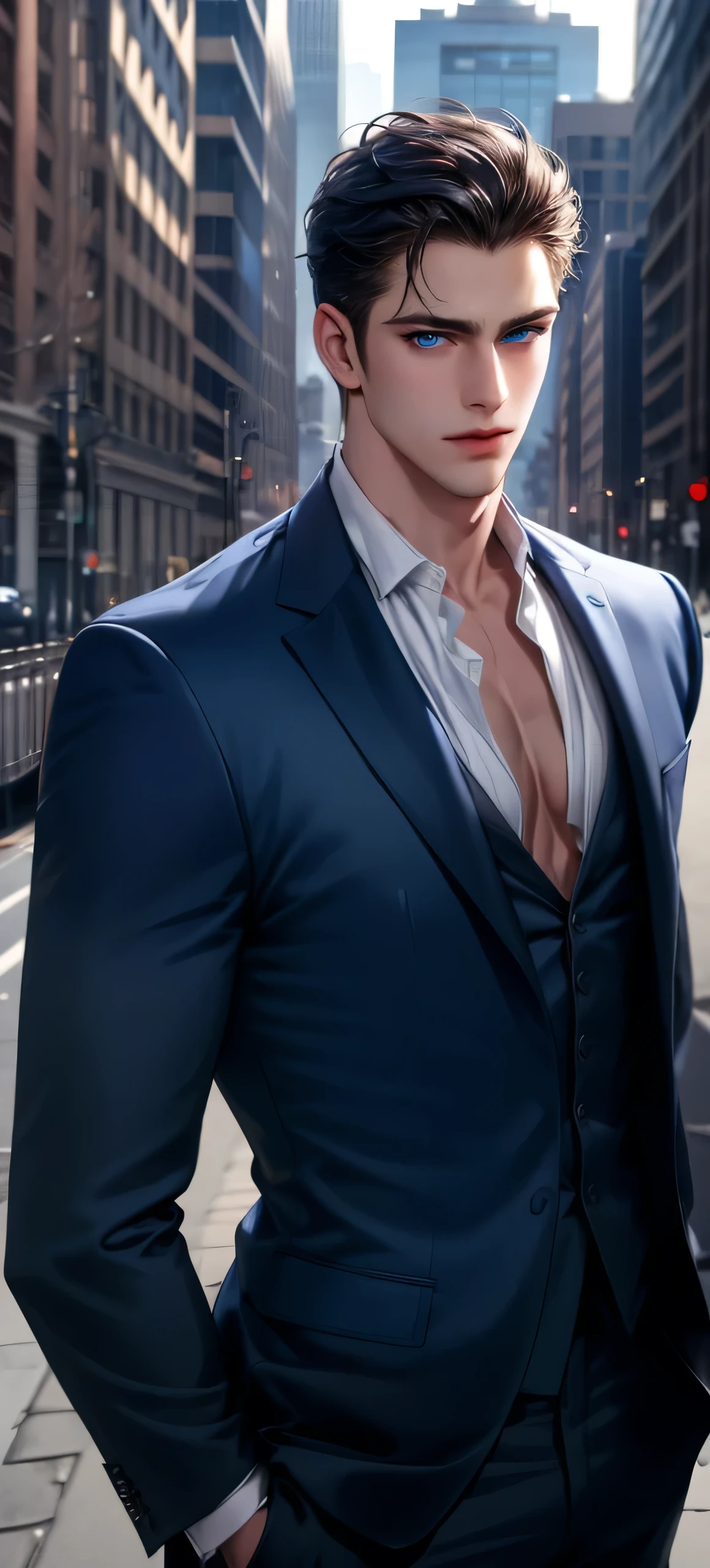 (masterpiece,best quality,detailed,high resolution),1 man,(Broad shoulders), ((No chest hair)), Male focus, Solitary, Dark blue eyes，Wearing a suit，Handsome man,Modern street background,Bright picture,full-body shot