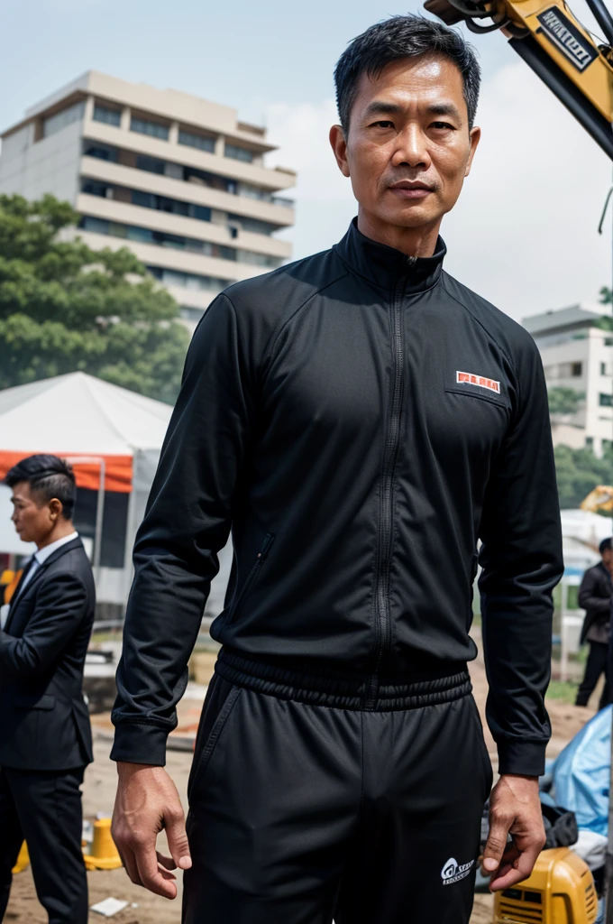 ภาพrealistic, Thai Men, Wear a black suit., Age 40, Oval face,Go see the construction site, outdoor, In the back there are people working on construction., depth of field, Bokeh, realism, realistic, hyperrealism, professional photography, FuSD, dslr.