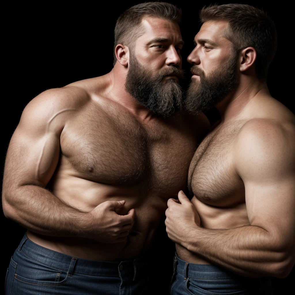 "8KUHD Create a professional studio-style photograph featuring two middle-aged, burly, hairy, beared big daddy bear,  and rugged man and his husband in lumberjack outfit. beards, very realistic hair, very realistic beards, very realistic thick neck, very realistic neck lines, very realistic mens clothing, very realistic detailed mens clothing. A man and his husband are kissing each other, realistically kissing each other, daddy bear photoshoot, in a romantic and virile scene. Utilize all appropriate lighting techniques for studio photography. The background should be black." HDR