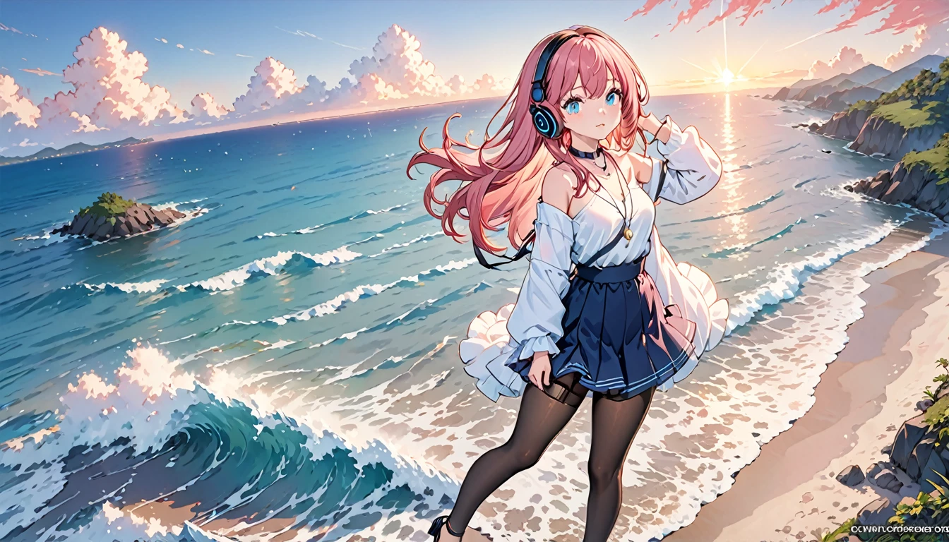 Masterpiece, Best quality, Masterpiece,Best quality,offcial art,Extremely detailed Cg Unity 8K wallpaper, day, Sunset, over the sea, Huge_filesize, absurderes, Real, Girl, tchibi, Long hair, Pink hair, crossed bangs, aqua eyes, Blue eyes, Bare_bshoulders, Miniskirt, low legs_Panties/Low_Leg_Panties, Black pantyhose, panties over pantyhose, High heels, headphones around their necks, Collar, pendant,