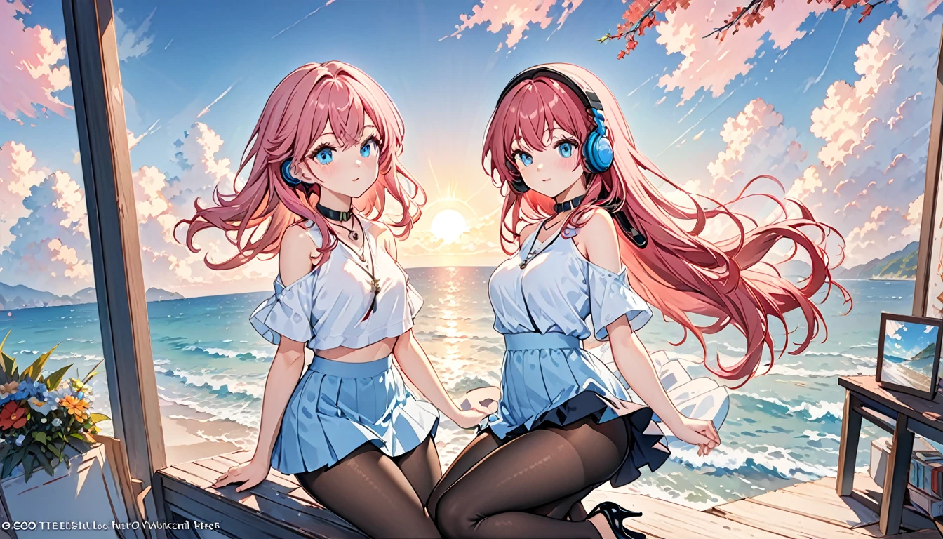 Masterpiece, Best quality, Masterpiece,Best quality,offcial art,Extremely detailed Cg Unity 8K wallpaper, day, Sunset, over the sea, Huge_filesize, absurderes, Real, Girl, tchibi, Long hair, Pink hair, crossed bangs, aqua eyes, Blue eyes, Bare_bshoulders, Miniskirt, low legs_Panties/Low_Leg_Panties, Black pantyhose, panties over pantyhose, High heels, headphones around their necks, Collar, pendant,