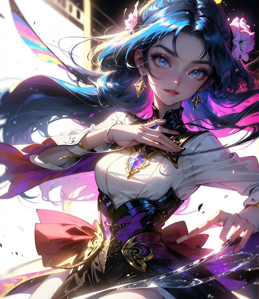 (((Masterpiece))), (((Best quality))), ((Ultra-detailed)),(Highly detailed CG illustration), ((An extremely delicate and beautiful)),Cinematic light, Create stunning fantasy artwork,fairy fantasy,the Flower Fairy,Transparent butterfly wings,Fairy stick,Lots of flowers,Lots of colouring butterflies, A skirt blown by the wind,Fluttering strands of rainbow hair,Side Body,ventania:1.3,dyna,brightly colored,Exudes an aura of mystery and magic. Pay close attention to intricate facial features, For example, mesmerizing eyes,smile,brightly, The character's clothes should be designed to be as light as the wings of a cicada, Subtle iridescent details. Blend in with fantastic colors, Dynamic lighting, and detailed background elements,Consider the latest trends in fantasy art, such as incorporating unique lighting effects, Explore dynamic and engaging composition techniques, And try a unique color palette. Take inspiration from top artists on ArtStation and Midjourney. camera: Choose an angle that highlights the beauty of your character,Enhance the magical majesty of the artwork. lighting: Use atmospheric lighting technology to create depth and atmosphere. Resolution: Aim for high-resolution artwork,to showcase intricate detail and clarity. Artistic inspiration: Get inspiration from popular artists on ArtStation, Explore different styles