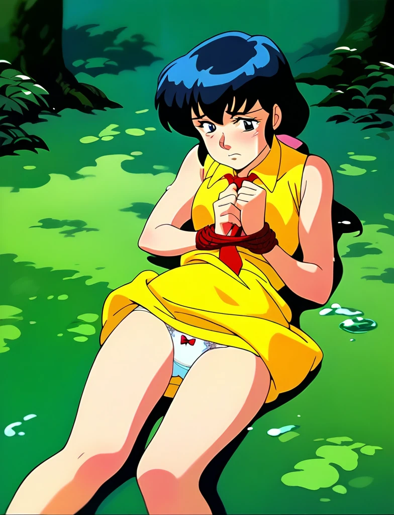Kyoko,score_9,score_8_superior,score_7_superior,sauce_anime,One girl,alone,View your viewers,soaked,downpour,in the forest,Yellow dress、Sleeveless dress、Spread your legs,Dew panties,Lying down,Sad face,Bondage、Tie with rope、Countryside landscape、