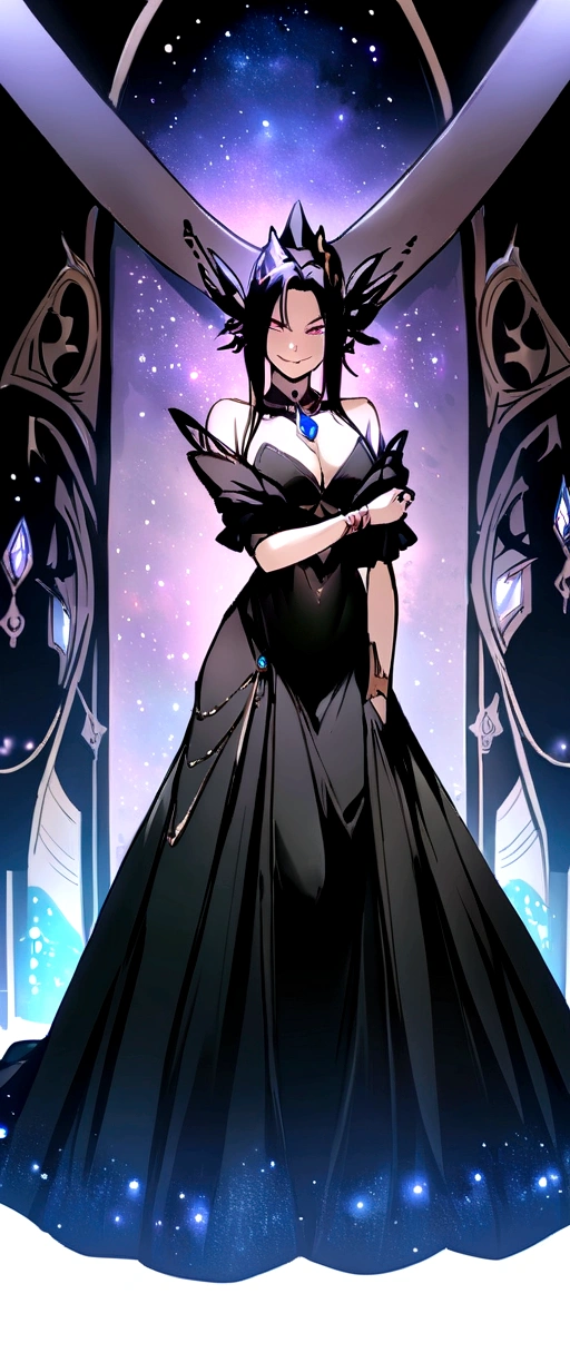 ((Masterpiece, best quality,edgQuality)),smile,smirk, arms along body,
edgnath, a woman in a black dress ,wearing edgnath outfit black