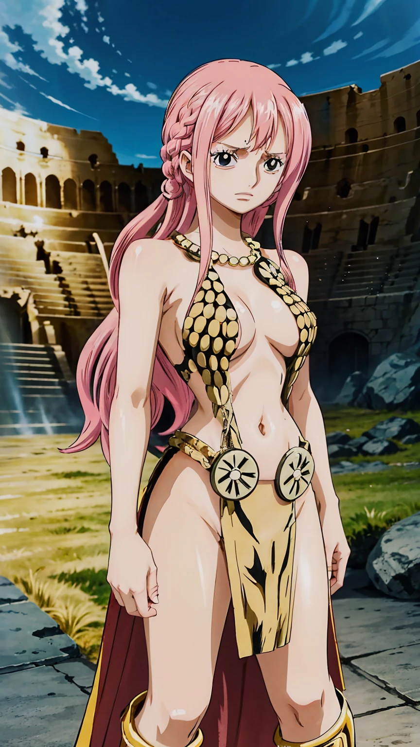 Draw Rebecca from "One Piece" in an anime style. She has long pink hair that is straight and reaches slightly below her shoulders. Rebecca's eyes are large and blue. She is wearing pink armor with gold decorations on the shoulders and chest. Under the armor, she has a short white dress, and she wears black boots on her feet. She is holding a large sword in her hand and has a brave expression on her face. The background should depict a coliseum-like setting with visible audience stands. The overall atmosphere should convey a brave and warrior-like image.
