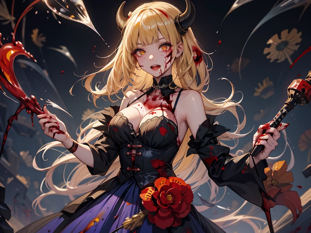 Delicate features, Crazy Smile,  Devil horns,Mouth wide open, Mouth open and teeth bared, wide lips, Very wide mouth, Frowning, Vermilion-tinted cheeks, Blonde Hair, Princess Cut, Ribbon hair ornament, brooch, Shiny candy blue dress, Gold embroidery,Lolita Style, Gothic style, Facing the audience, Otaku Room, Well-built body, Nice body, Ample breasts, Fleshy body,With eyes wide open、Scary atmosphere、Distorted facial expressions、ねじれた笑face、Bloody、Bleeding from the head、Blood splatter、whole body、Long Hair、Long bangs、（（（Dark circles under the eyes）））、Pale skin、Feeling unwell、Pathological、邪悪な笑face、Crazy Eyes、（Grin）Dramatic makeup，Create mixed media art,Well-built,Nice body,Shoulders wider,focus on,(face),Messy Hair,Yellow Eyes,(Glowing Eyes),(Blood splatter:1.9),Red light,笑face,big 笑face,tooth,psycho 笑face,gesugao,Dark city background,darkness,night,(close),Good Eyes, good teeth,サディスティックな笑face,,all,Shiny skin,詳細なface,Beautiful body,Adult,whole body油まみれで光沢感がある　whole bodyから湯気が出ている　Steam like a sauna room fills the entire screen.　White breath from the mouth