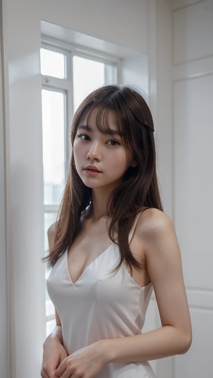 best qualtiy,tmasterpiece,Ultra-high resolution,(realisticlying:1.4),Close-up of white dress, whole body, gorgeous chinese models, Gorgeous young Korean woman, beautiful Korean women, yanjun cheng, xintong chen, ruan jia beautiful!, Beautiful young Korean woman