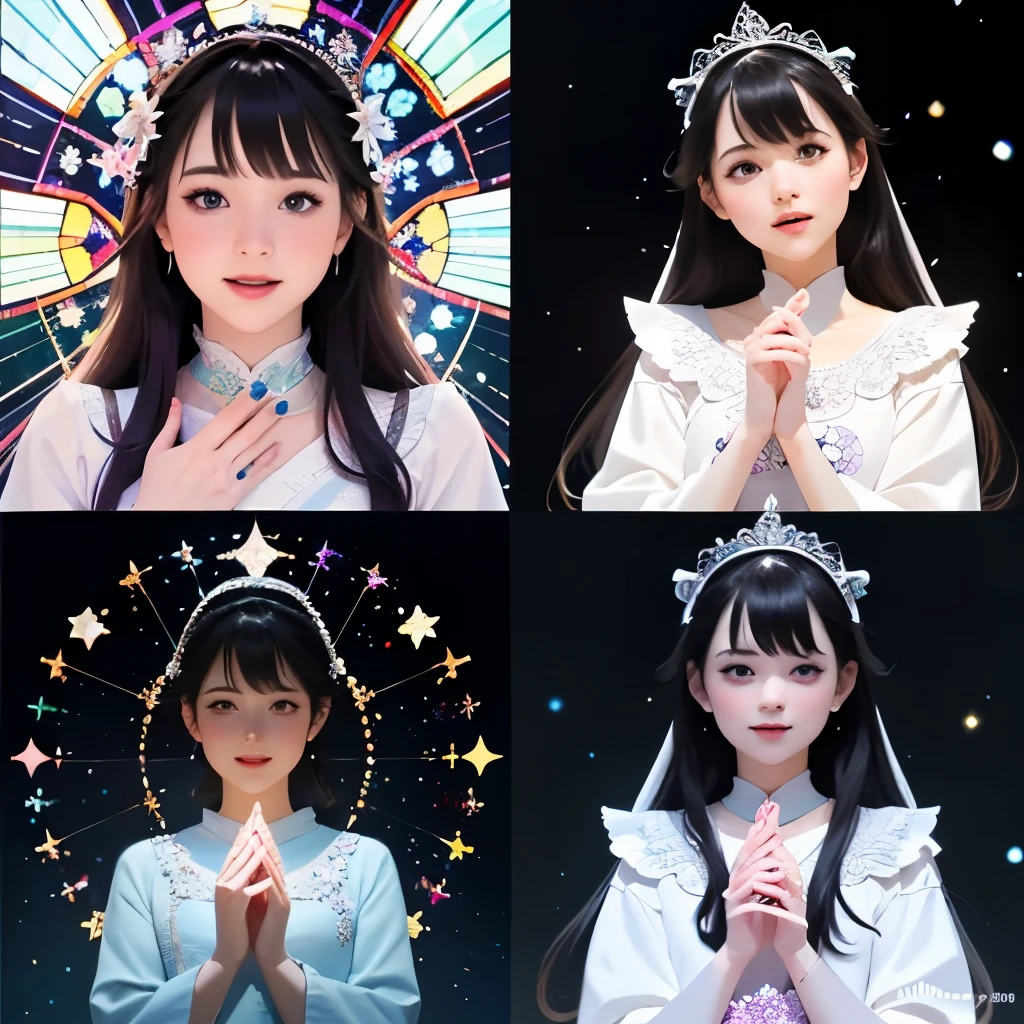 (Masterpiece TopQuality aesthetic Mystic:1.2), ExtremelyDetailed a KAWAII Bride (CloseUp from below:1.4) Radiant PearlSkin with Transparency (Acutance:0.8), (((Detailed NOGIZAKA FaceVariations))), Childish CaptivatingGaze ElaboratePupils with (SparklingHighlights:1.28), DoubleEyelids with (Voluminous LongEyelashes:0.88), Small GlossyRedLips with BeautifulDetails, PUNIPUNI RosyCheeks, Glowing DowneyHair . { (Dynamic Joyful expressions LifeLike Rendering:1.4) | (:d) }  BREAK Background is Filled with Dazzling Blurred StainedGlass (BokeH:1.4) ExtremelyDetailed Elaborate Stained Glass Art, Colored Glass, Lead Line, Light transmission Bright colors, intricate designs, luminous effect, Spiritual atmosphere