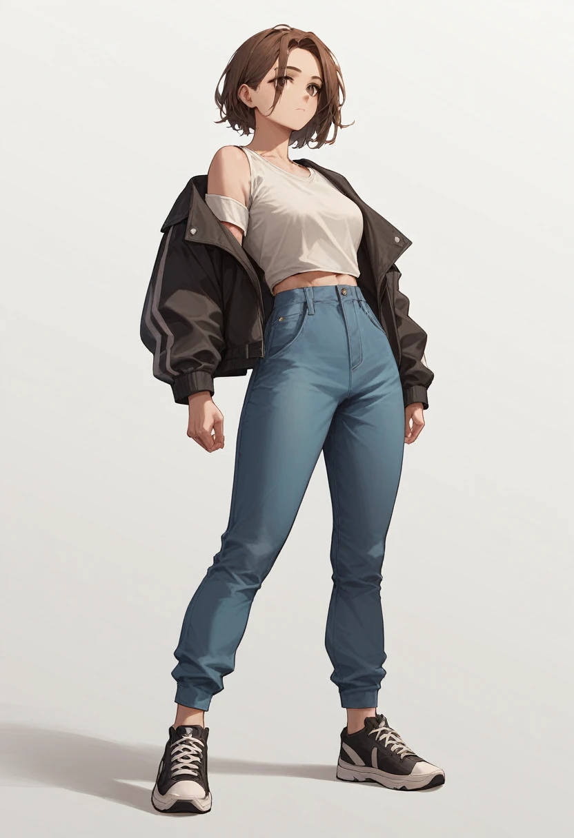 1 girl, shoulder length brown hair, brown eye color, black thin jacket, blue pants, black sneakers with white laces, White T-shirt, White background, standing straight