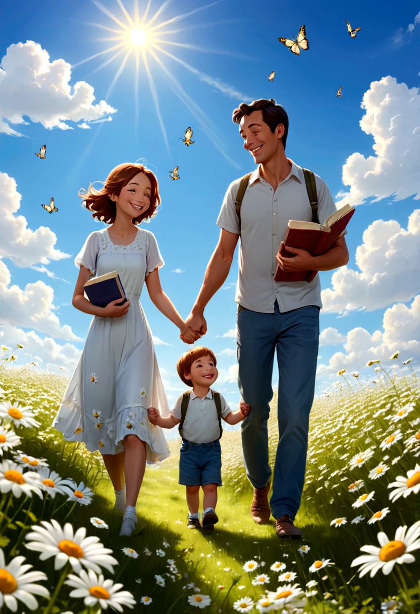 family, Young mother, young dad, mom dad same height, One , holding hands, walking through a chamomile field, smiling, dad has a book in his hand, mom has a bouquet of daisies in her hand, the sun is shining, blue sky, White clouds, Butterflies fly
