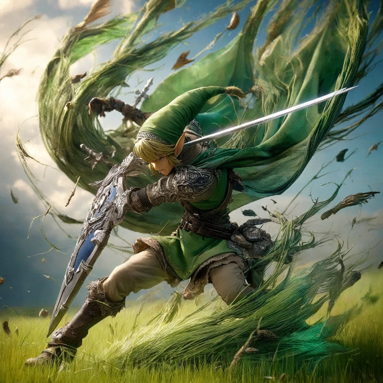 Close-up of a person holding a sword in a field, Link&#39;s Portrait, Epic video game art, The Legend of Zelda Link, Zelda Link, Key Art, Highly detailed digital art in 4K, HD artwork, Awesome Wallpapers, 8k high quality detailed art, 4K Detailed Digital Art, 4K Detailed Art, Spectacular artwork of anime、best quality, masterpiece, ultra detailed, ultra high res, photorealistic, raw photo, absurdres, absolutely resolution,