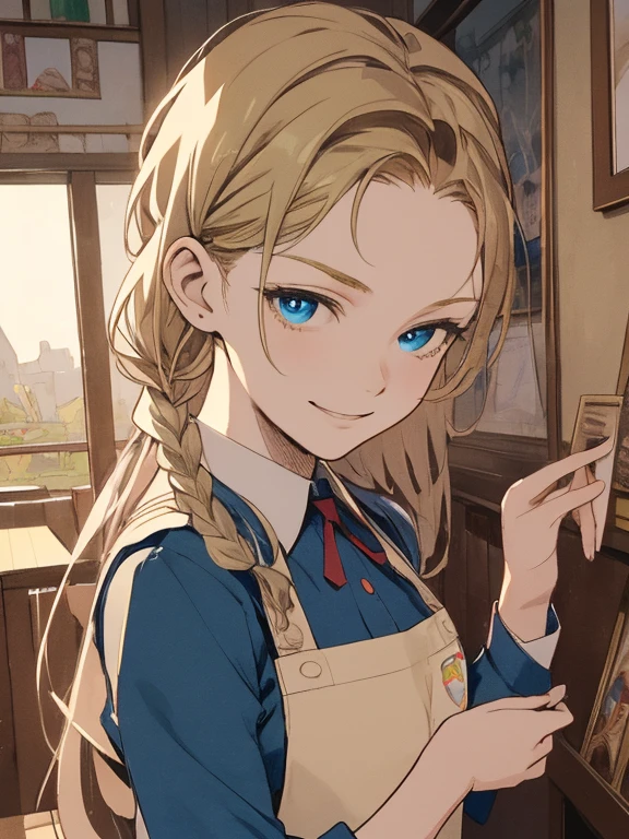 masterpiece, Highest quality, Very detailed, 16K, Ultra-high resolution, Cowboy Shot, Alice in Wonderland, (Carl Larsson:1.4), 10-year-old girl, Detailed face, Mischievous Smile, blue eyes, Blonde, Braiding, Long Hair, Ribbon on head, Blue clothes, Plain white apron, 大きなclockのある部屋で, clock, 壁clock