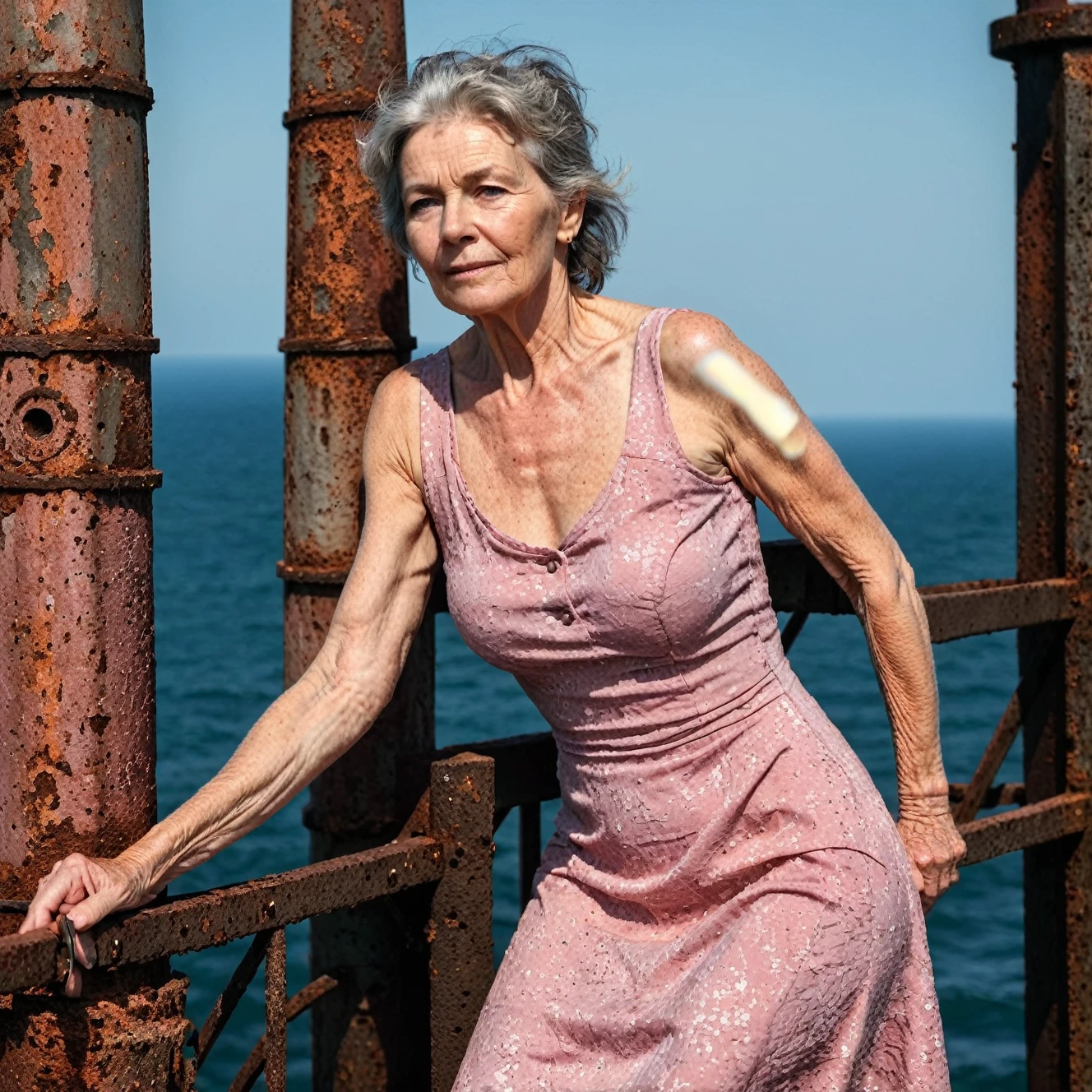 RAW photo, full body portrait of a beautiful 70 year old woman, wrinkled face, pink summer dress, she stands on  a rusty trellis of a lighthouse on the north sea, full sharp, detailed face, blue eyes, (high detailed skin:1.2), 8k uhd, dslr, soft lighting, high quality, film grain, Fujifilm XT3
dappled light on face, pale skin, skin pores, oiled shiny skin, skin blemish, imperfect skin, intricate skin details, visible skin detail, detailed skin texture, blush, wrinkles, vitiligo spots, moles, whiteheads, blackhead, white pimples, red pimples, beauty spot, skin fuzz, [[[[[freckles]]]]] (perfect eyes) 