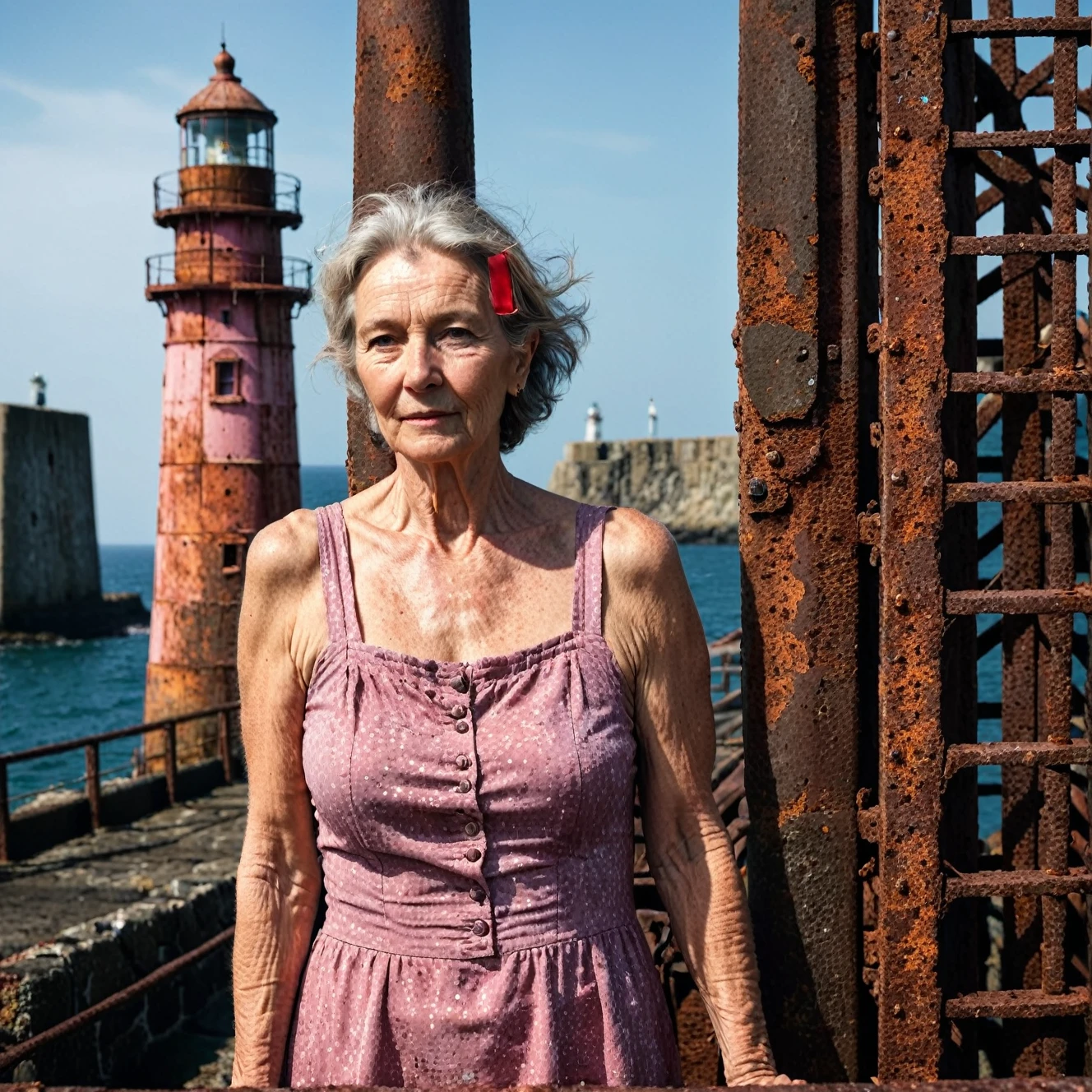 RAW photo, full body portrait of a beautiful 70 year old woman, wrinkled face, pink summer dress, she stands on  a rusty trellis of a lighthouse on the north sea, full sharp, detailed face, blue eyes, (high detailed skin:1.2), 8k uhd, dslr, soft lighting, high quality, film grain, Fujifilm XT3
dappled light on face, pale skin, skin pores, oiled shiny skin, skin blemish, imperfect skin, intricate skin details, visible skin detail, detailed skin texture, blush, wrinkles, vitiligo spots, moles, whiteheads, blackhead, white pimples, red pimples, beauty spot, skin fuzz, [[[[[freckles]]]]] (perfect eyes) 