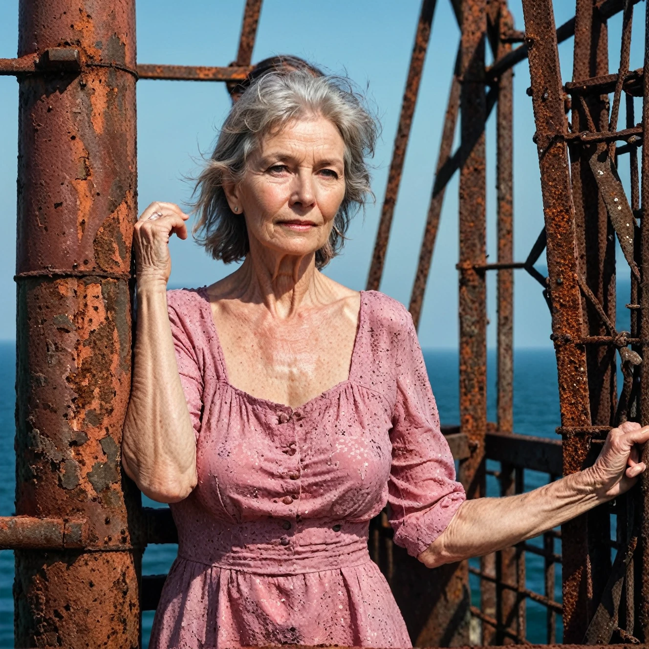 RAW photo, full body portrait of a beautiful 70 year old woman, wrinkled face, pink summer dress, she stands on  a rusty trellis of a lighthouse on the north sea, full sharp, detailed face, blue eyes, (high detailed skin:1.2), 8k uhd, dslr, soft lighting, high quality, film grain, Fujifilm XT3
dappled light on face, pale skin, skin pores, oiled shiny skin, skin blemish, imperfect skin, intricate skin details, visible skin detail, detailed skin texture, blush, wrinkles, vitiligo spots, moles, whiteheads, blackhead, white pimples, red pimples, beauty spot, skin fuzz, [[[[[freckles]]]]] (perfect eyes) 