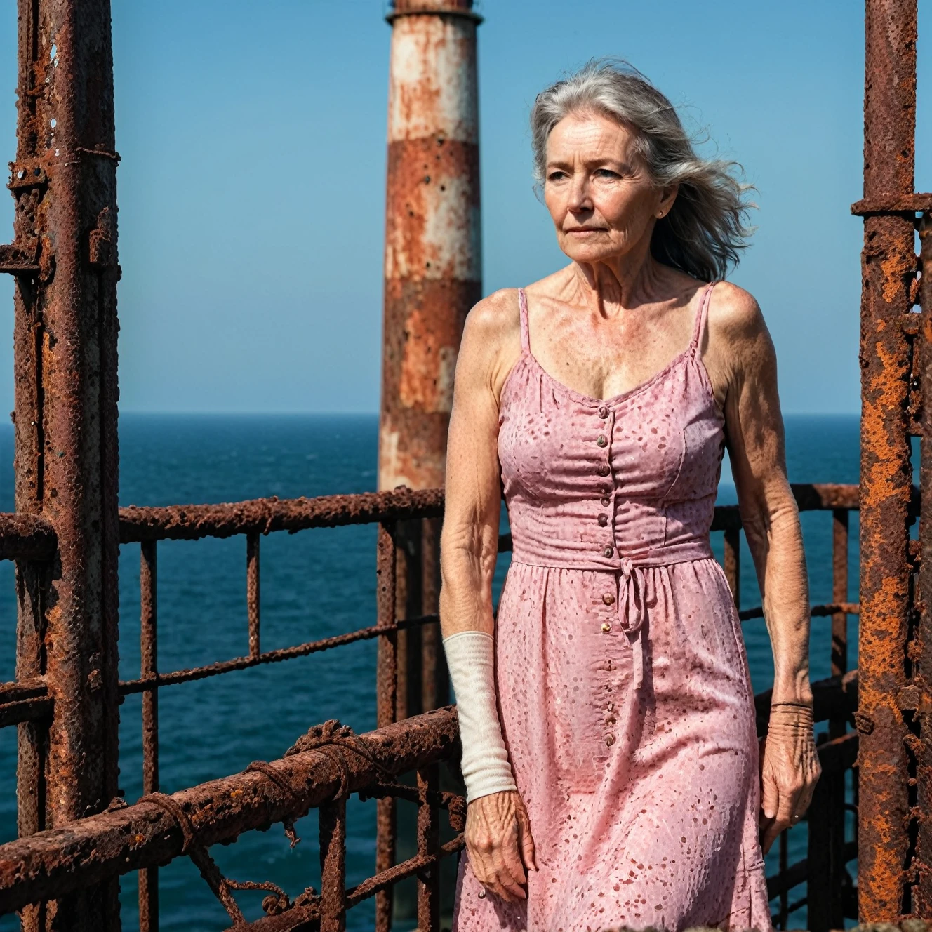 RAW photo, full body portrait of a beautiful 70 year old woman, wrinkled face, pink summer dress, she stands on  a rusty trellis of a lighthouse on the north sea, full sharp, detailed face, blue eyes, (high detailed skin:1.2), 8k uhd, dslr, soft lighting, high quality, film grain, Fujifilm XT3
dappled light on face, pale skin, skin pores, oiled shiny skin, skin blemish, imperfect skin, intricate skin details, visible skin detail, detailed skin texture, blush, wrinkles, vitiligo spots, moles, whiteheads, blackhead, white pimples, red pimples, beauty spot, skin fuzz, [[[[[freckles]]]]] (perfect eyes) 