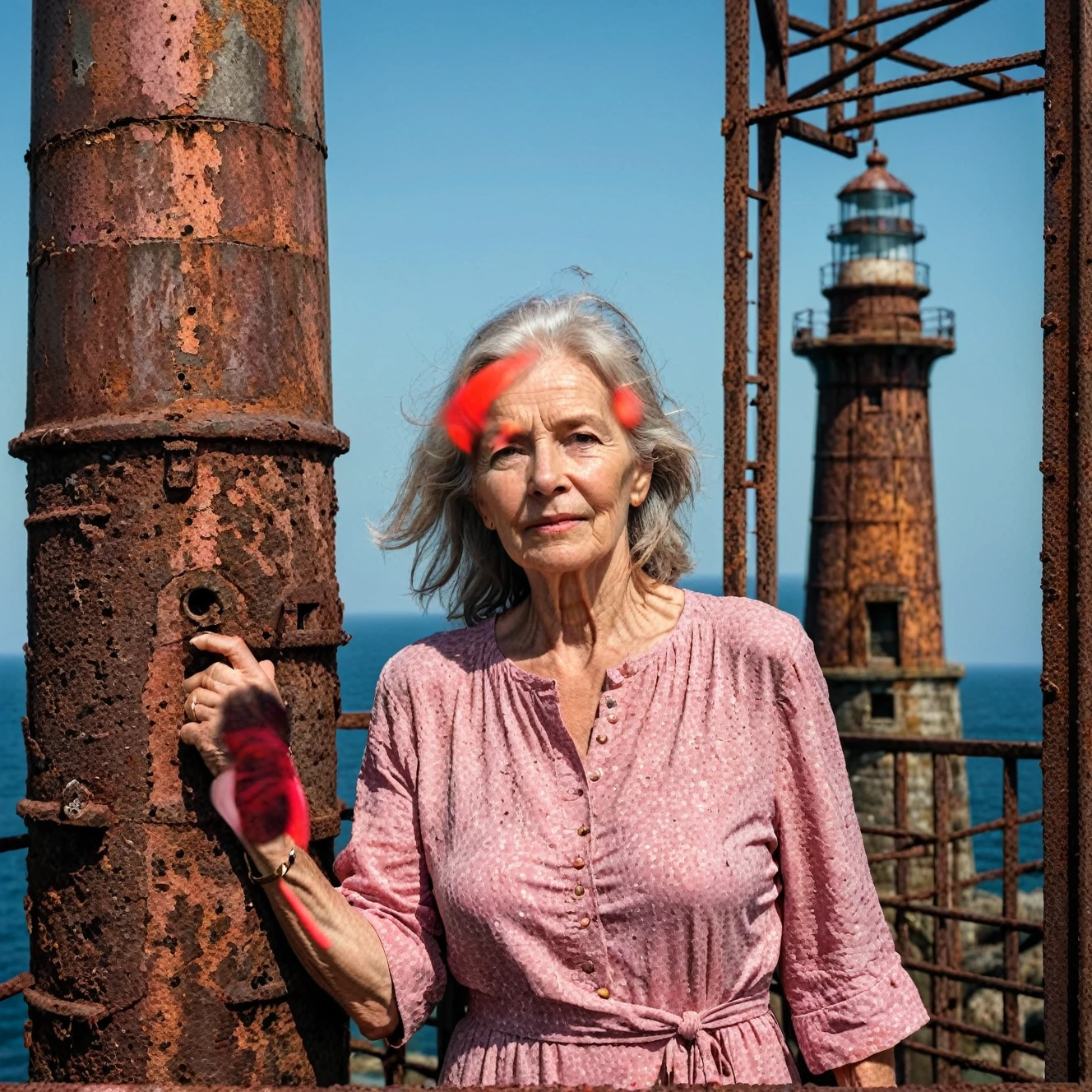 RAW photo, full body portrait of a beautiful 70 year old woman, wrinkled face, pink summer dress, she stands on  a rusty trellis of a lighthouse on the north sea, full sharp, detailed face, blue eyes, (high detailed skin:1.2), 8k uhd, dslr, soft lighting, high quality, film grain, Fujifilm XT3
dappled light on face, pale skin, skin pores, oiled shiny skin, skin blemish, imperfect skin, intricate skin details, visible skin detail, detailed skin texture, blush, wrinkles, vitiligo spots, moles, whiteheads, blackhead, white pimples, red pimples, beauty spot, skin fuzz, [[[[[freckles]]]]] (perfect eyes) 