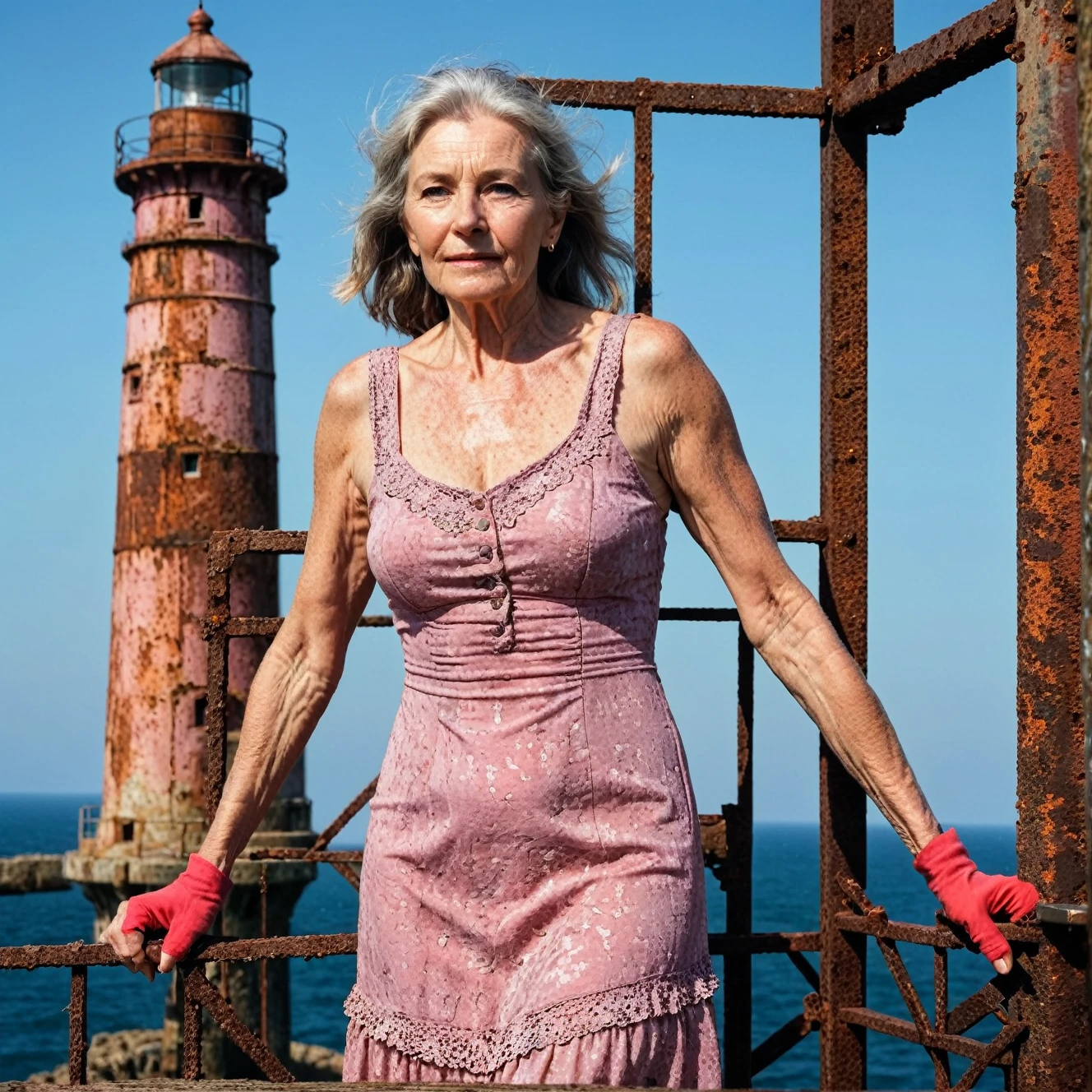 RAW photo, full body portrait of a beautiful 70 year old woman, wrinkled face, pink summer dress, she stands on  a rusty trellis of a lighthouse on the north sea, full sharp, detailed face, blue eyes, (high detailed skin:1.2), 8k uhd, dslr, soft lighting, high quality, film grain, Fujifilm XT3
dappled light on face, pale skin, skin pores, oiled shiny skin, skin blemish, imperfect skin, intricate skin details, visible skin detail, detailed skin texture, blush, wrinkles, vitiligo spots, moles, whiteheads, blackhead, white pimples, red pimples, beauty spot, skin fuzz, [[[[[freckles]]]]] (perfect eyes) 