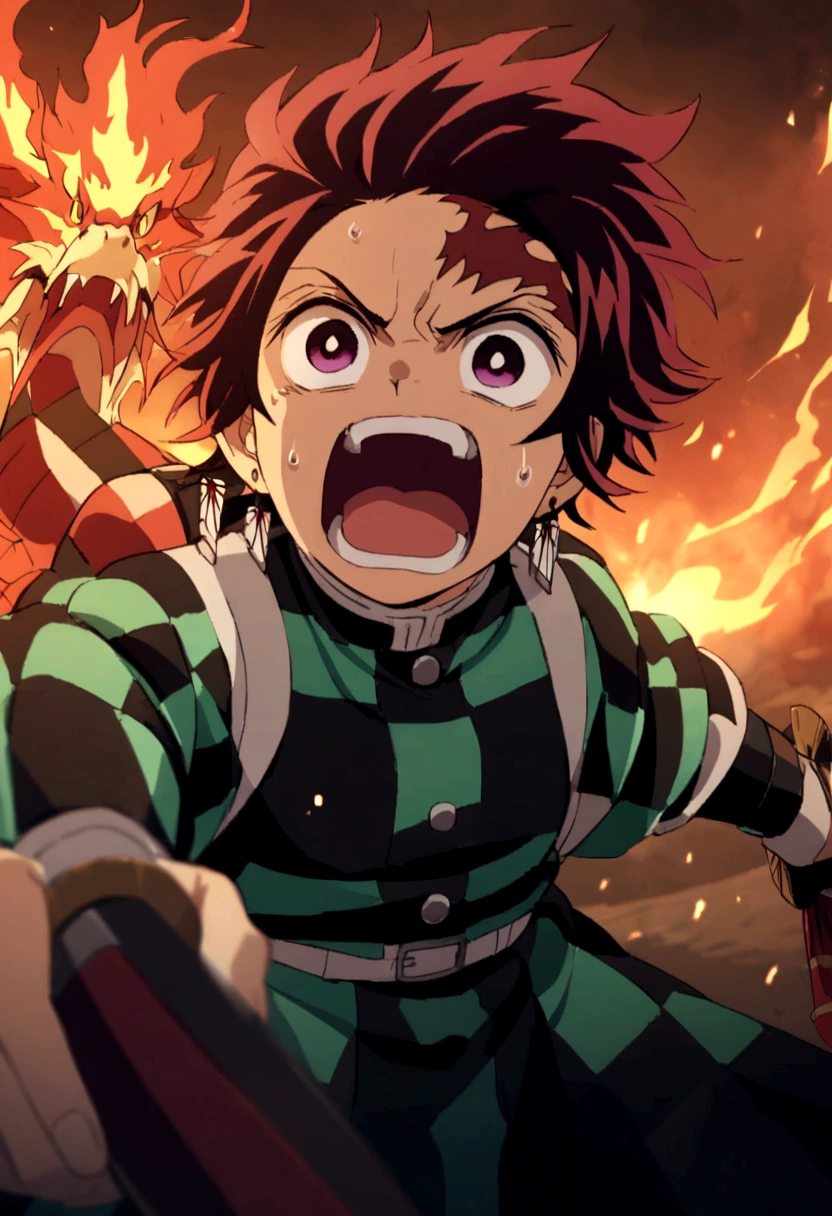 tanjiro, with sword, fire dragon, fire sword, ready to fight, screaming