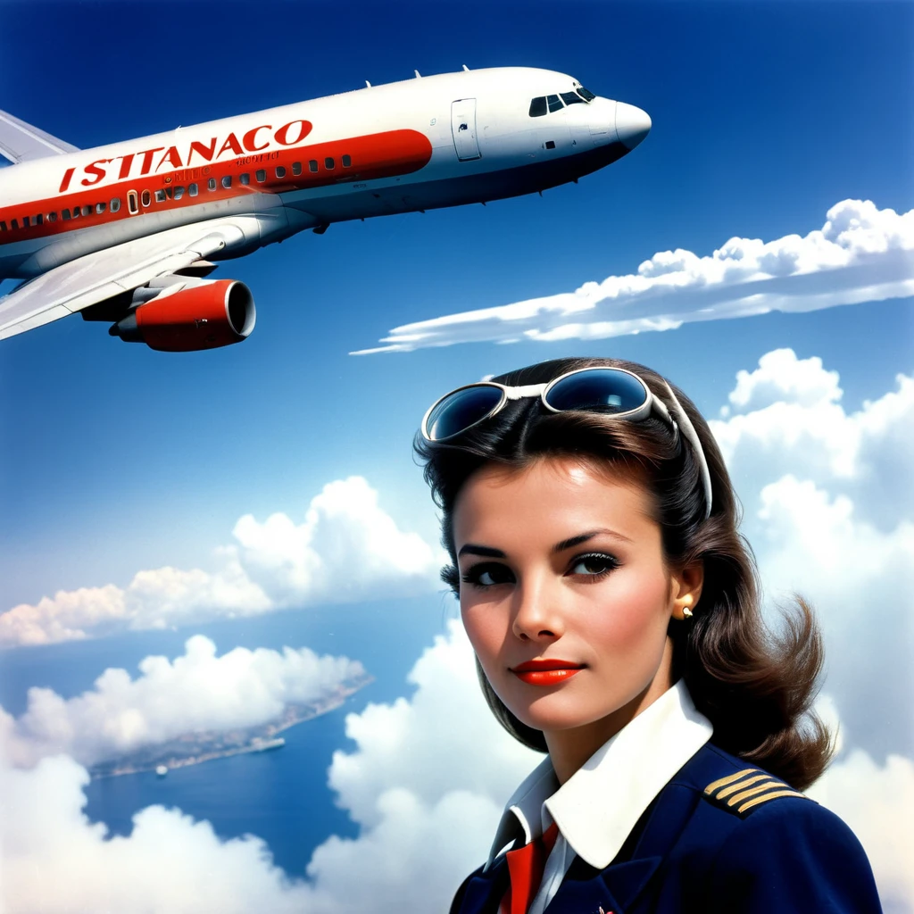 stewardess, airplane, double exposure, (("monaco", "Istanbul")) Text logo, clouds, poster of the 80s