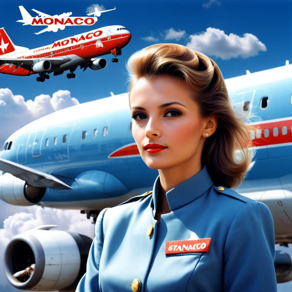 stewardess, airplane, double exposure, (("monaco", "Istanbul")) Text logo, clouds, poster of the 80s