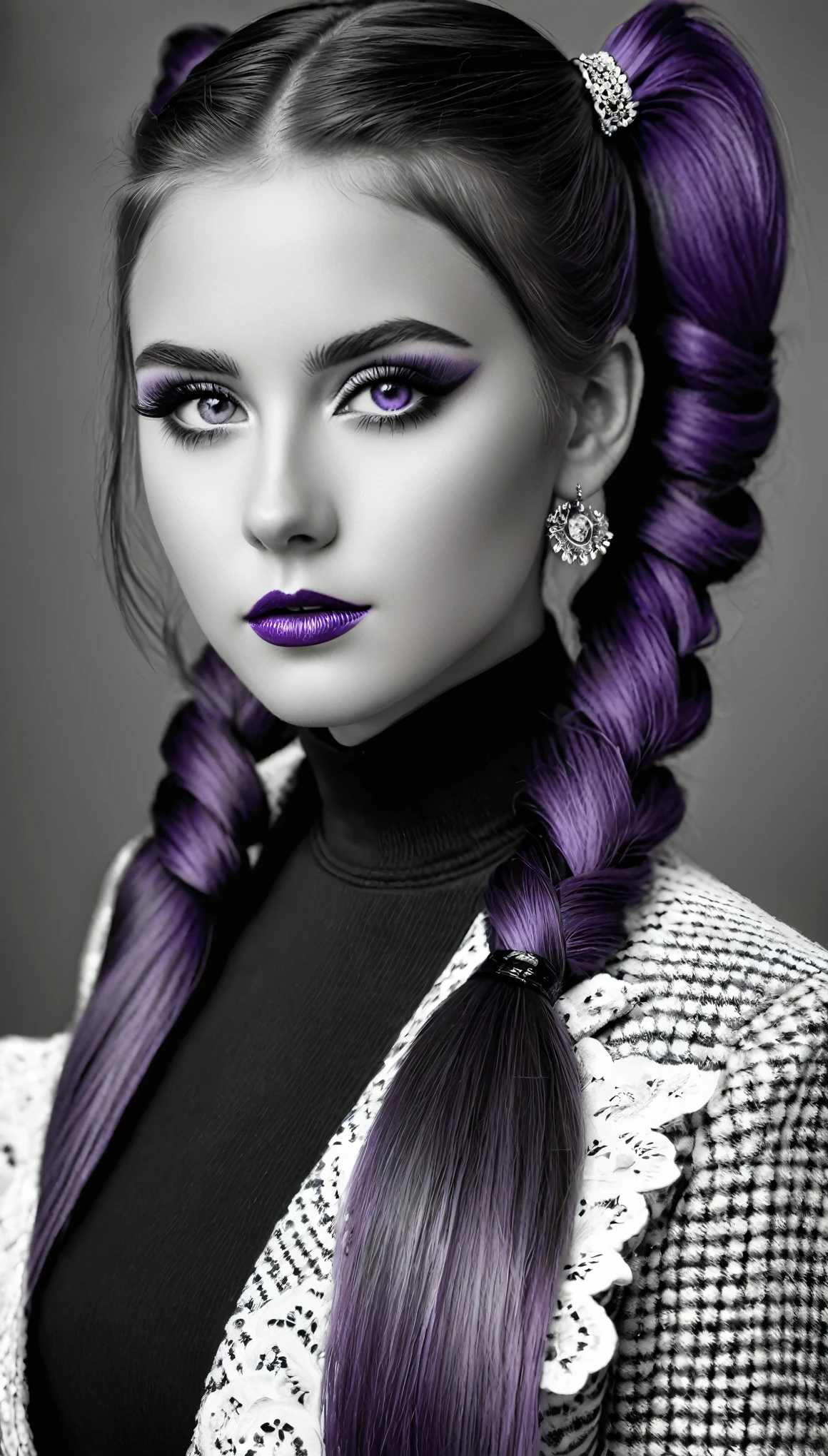 ((Monochrome, Photo noire et violet)), Sublime femme avec deux très longues queues de cheval de chaque côté, double queues de cheval, double twin ponytails, twin tails, Lèvres détaillées, Yeux détaillés, regard intense, cils détaillés, visage détaillé, long cheveux violet, visage de séduction, ((maquillage violet)), photo du milieu du corps, ((porte un costume)),(( Une cravate violette, photo noir et blanc et violet, only black and white and purple photo)), (((photo noir et blanc et violet, only black and white and purple photo, le maquillage et les cheveux, b/w, B&W,long twin ponytails)))
