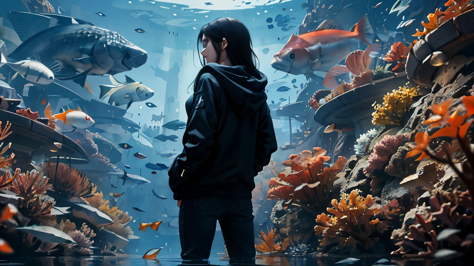 aquarium、Stand with your back to the tank、Model standing、front、Long Black Hair、Upper Body、22 years old、woman、Highest quality、Masterpiece、Standing facing the camera、Asian、Moderate bust、hoodie
