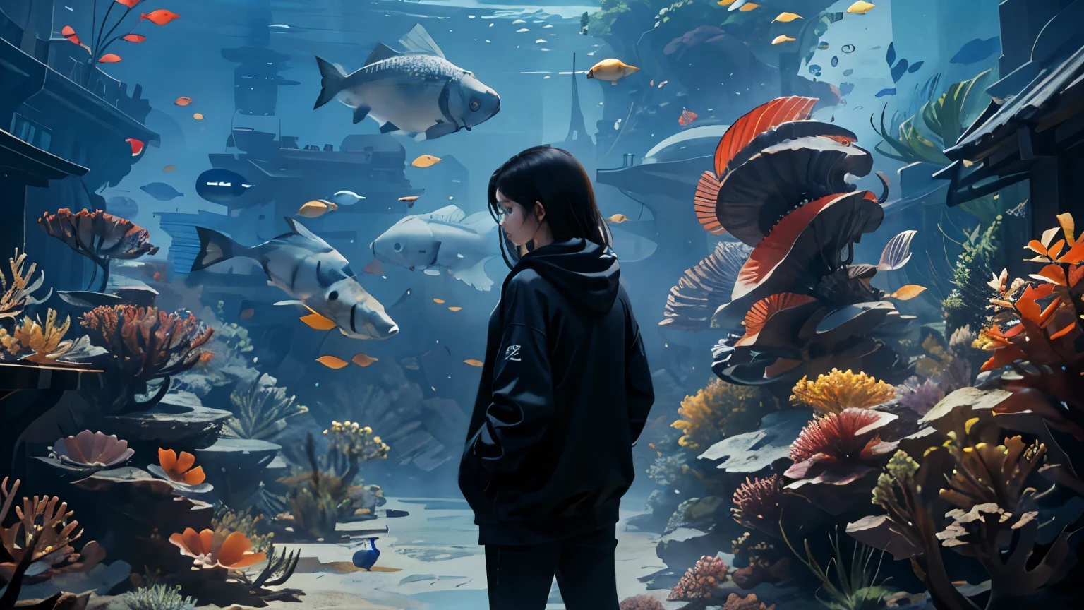 aquarium、Stand with your back to the tank、Model standing、front、Long Black Hair、Upper Body、22 years old、woman、Highest quality、Masterpiece、Standing facing the camera、Asian、Moderate bust、hoodie
