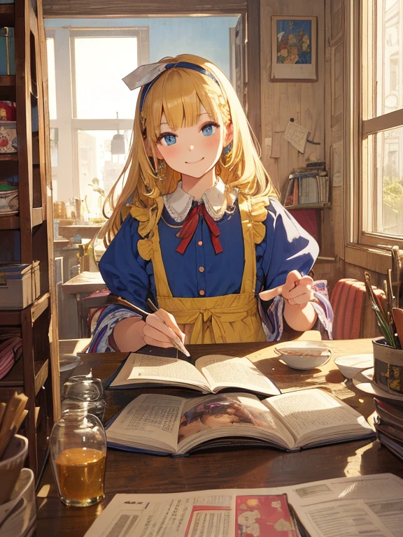 masterpiece, Highest quality, Very detailed, 16K, Ultra-high resolution, Cowboy Shot, Alice in Wonderland, (Carl Larsson:1.4), 10-year-old girl, Detailed face, Mischievous Smile, blue eyes, Blonde, Braiding, Long Hair, Ribbon on head, Blue clothes, Plain white apron, 大きなclockのある部屋で, clock, 壁clock