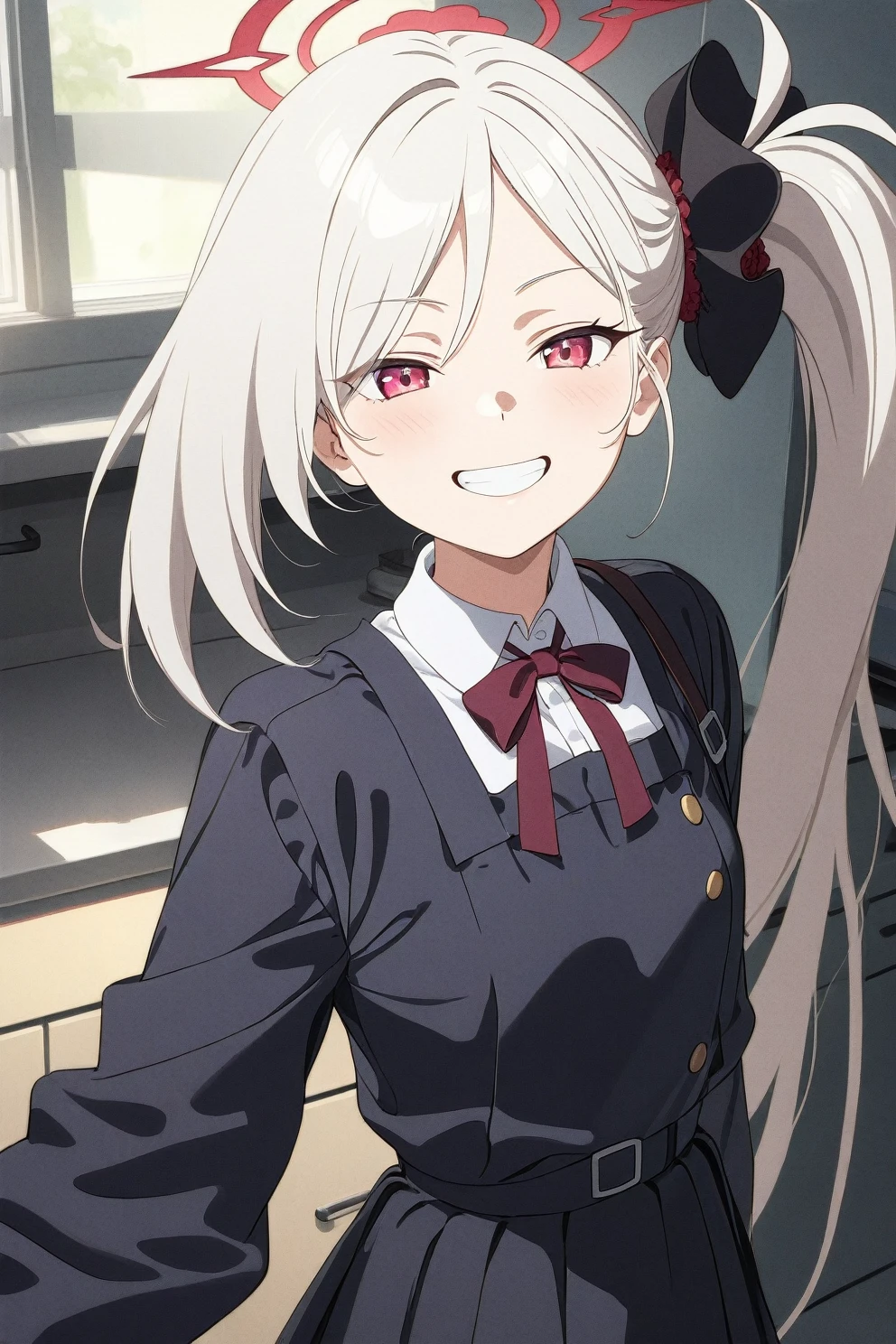 best quality, amazing quality, very aesthetic, absurdres, (1girl, mutsuki, blue archive, solo, red eyes, white hair, side ponytail), (realistic face:0.7),(pinafore dress:2), (grin, thigh:1.3), (cowboy shot), (glowing eyes:1.1), (half closed eyes:0.9), (from side), kitchen, expressive eyes, perfect face, 4k, extremely detailed anime illustration, extremely detailed eyes, perfect anatomy, light rays, extremely delicate body, smooth skin, (school background:1.5), clear eyes, beautiful face, small breasts,(anime style:1.5), (Chiaroscuro:1.5), (highres:2), cinematic