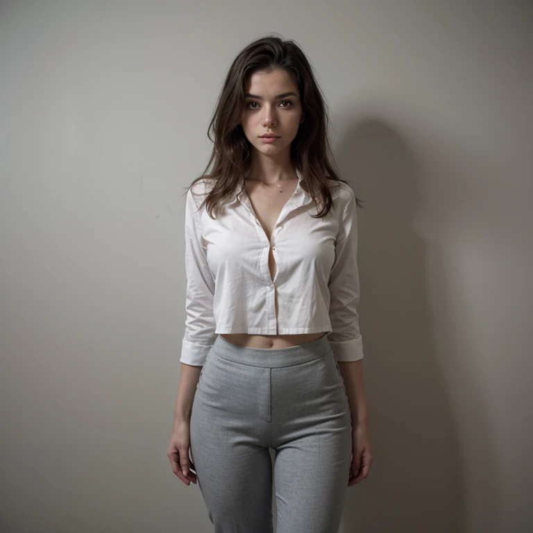 arafed woman in a white shirt and grey pants standing in front of a blue wall, kirsi salonen, magdalena andersson, wearing a blouse, magdalena radziej, wearing a white blouse, moleksandra shchaslyva, niele toroni, photo of džesika devic, serena malyon