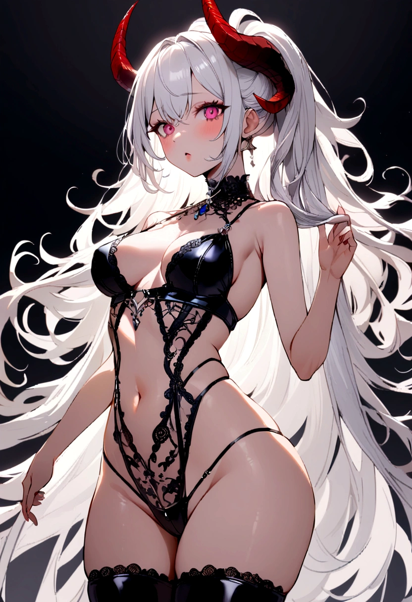 Skimpy latex lingerie,big ,white hair,1girl,horns,