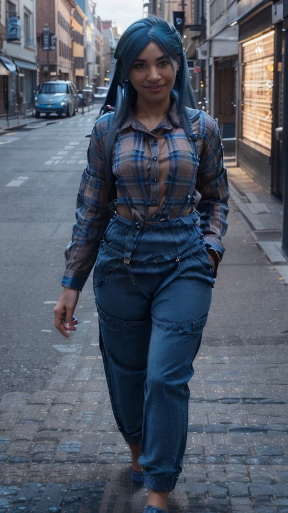 photorealistic, best quality, instagram model, (hyper detailed: 1.4), (((walking:1.5))), shot from afar, liberated, ((medium blue hair:1.4)), brown eyes, Detailed eyes, ((wearing shirt and trousers:1.5)). beautiful european young woman, (Highly detailed face:1.4), exuding a natural glow, soft lightning, (smile:1.3)), day time, jaw-dropping beauty, sexy, seductive, vivid colors