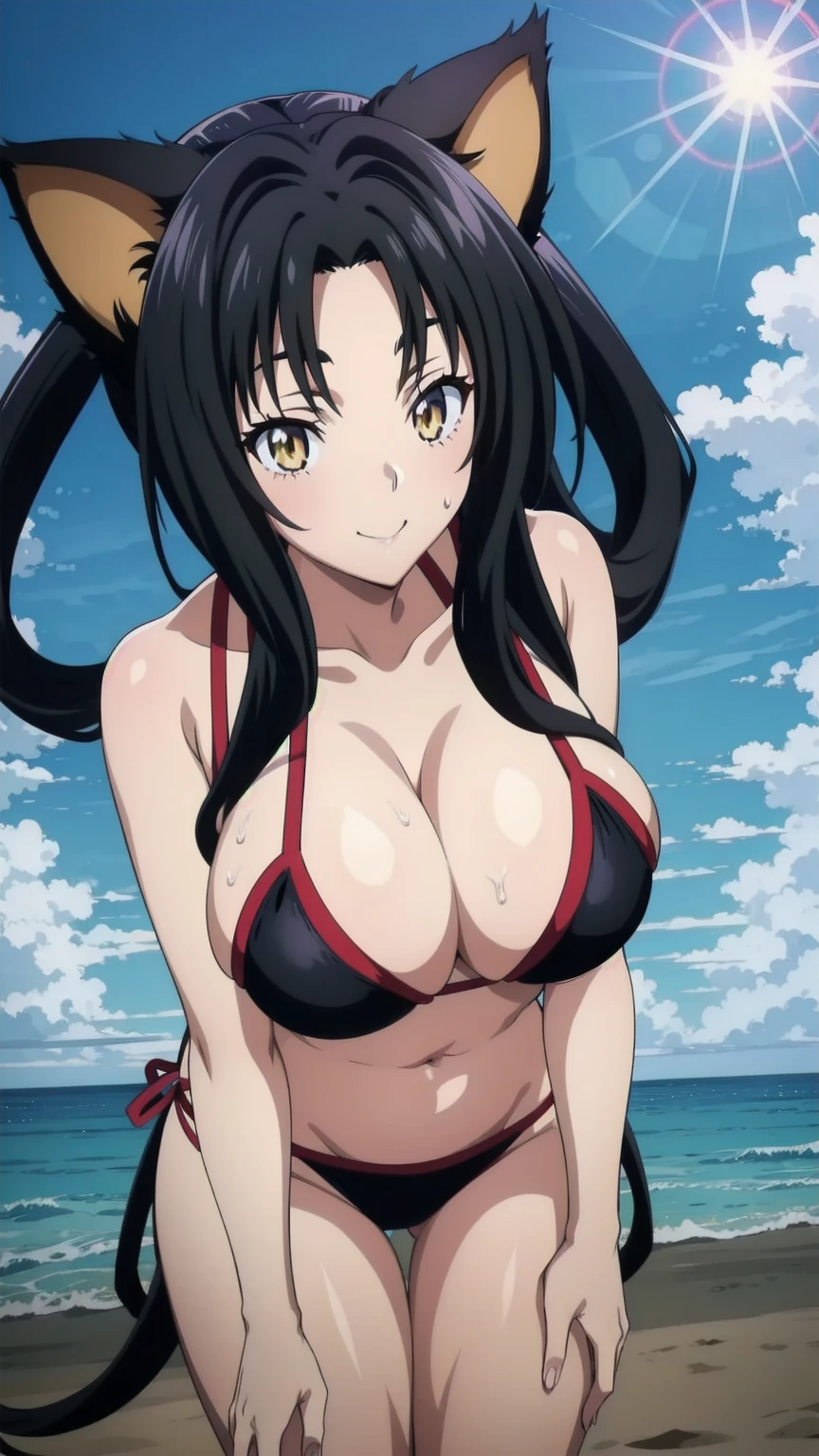 Kuroka Toujou, 1girl, breasts, animal ears, solo, black hair, cat ears, cleavage,large breasts, hair rings,long hair, makeup,yellow eyes, anime coloring, sash, lipstick, Smiling, looking at the viewer, blue theme, blue background, cloudy sky, sunlight, sweat, orgasmic, bikini swimsuit, large breasts, cleavage, belly button exposed, collarbone, thighs, sea and beach,