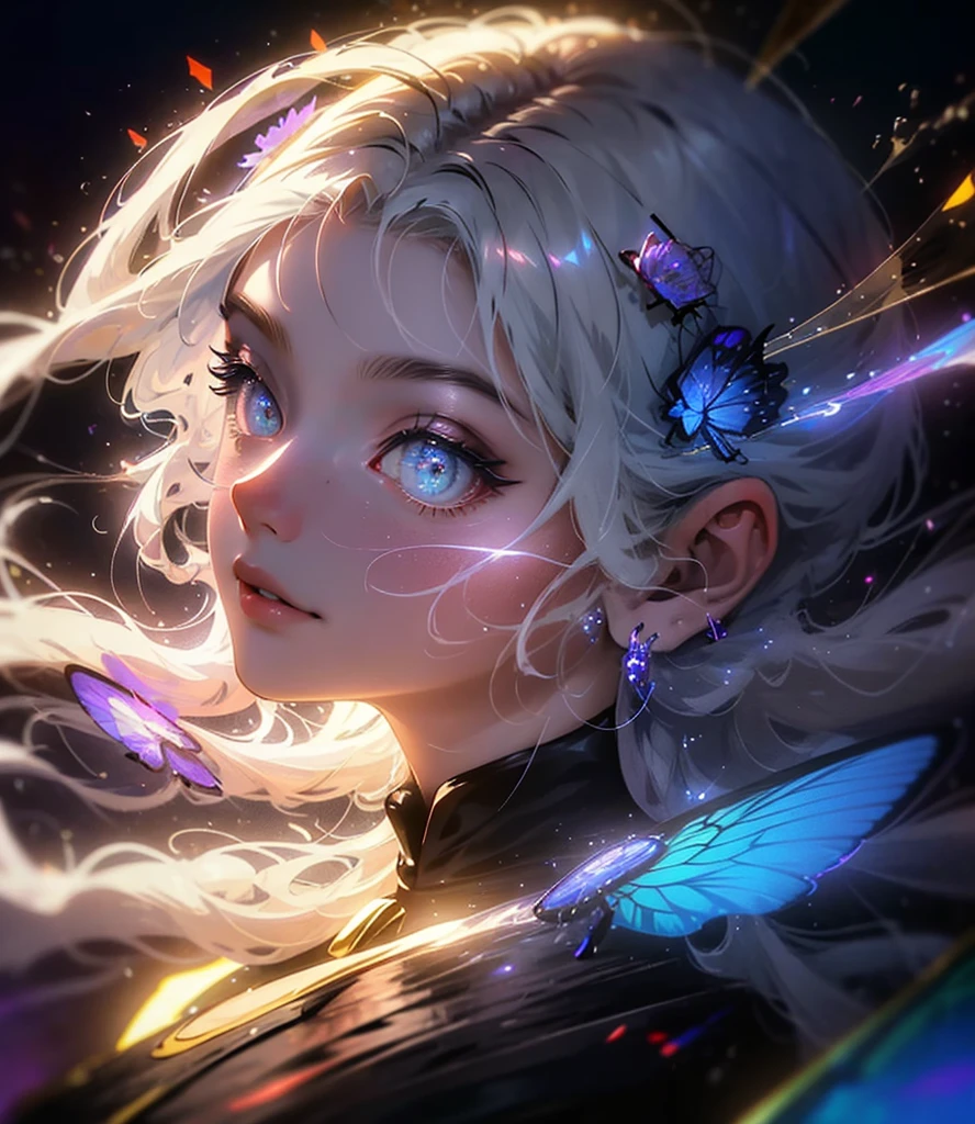 (((Masterpiece))), (((Best quality))), ((Ultra-detailed)),(Highly detailed CG illustration), ((An extremely delicate and beautiful)),Cinematic light, Create stunning fantasy artwork,fairy fantasy,the Flower Fairy,Transparent butterfly wings,Fairy stick,Lots of flowers,Lots of colouring butterflies, A skirt blown by the wind,Fluttering strands of rainbow hair,Side Body,ventania:1.3,dyna,brightly colored,Exudes an aura of mystery and magic. Pay close attention to intricate facial features, For example, mesmerizing eyes,smile,brightly, The character's clothes should be designed to be as light as the wings of a cicada, Subtle iridescent details. Blend in with fantastic colors, Dynamic lighting, and detailed background elements,Consider the latest trends in fantasy art, such as incorporating unique lighting effects, Explore dynamic and engaging composition techniques, And try a unique color palette. Take inspiration from top artists on ArtStation and Midjourney. camera: Choose an angle that highlights the beauty of your character,Enhance the magical majesty of the artwork. lighting: Use atmospheric lighting technology to create depth and atmosphere. Resolution: Aim for high-resolution artwork,to showcase intricate detail and clarity. Artistic inspiration: Get inspiration from popular artists on ArtStation, Explore different styles