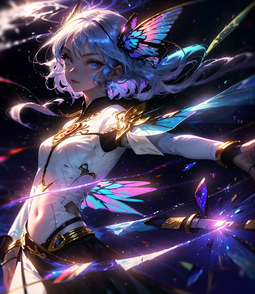 (((Masterpiece))), (((Best quality))), ((Ultra-detailed)),(Highly detailed CG illustration), ((An extremely delicate and beautiful)),Cinematic light, Create stunning fantasy artwork,fairy fantasy,the Flower Fairy,Transparent butterfly wings,Fairy stick,Lots of flowers,Lots of colouring butterflies, A skirt blown by the wind,Fluttering strands of rainbow hair,Side Body,ventania:1.3,dyna,brightly colored,Exudes an aura of mystery and magic. Pay close attention to intricate facial features, For example, mesmerizing eyes,smile,brightly, The character's clothes should be designed to be as light as the wings of a cicada, Subtle iridescent details. Blend in with fantastic colors, Dynamic lighting, and detailed background elements,Consider the latest trends in fantasy art, such as incorporating unique lighting effects, Explore dynamic and engaging composition techniques, And try a unique color palette. Take inspiration from top artists on ArtStation and Midjourney. camera: Choose an angle that highlights the beauty of your character,Enhance the magical majesty of the artwork. lighting: Use atmospheric lighting technology to create depth and atmosphere. Resolution: Aim for high-resolution artwork,to showcase intricate detail and clarity. Artistic inspiration: Get inspiration from popular artists on ArtStation, Explore different styles