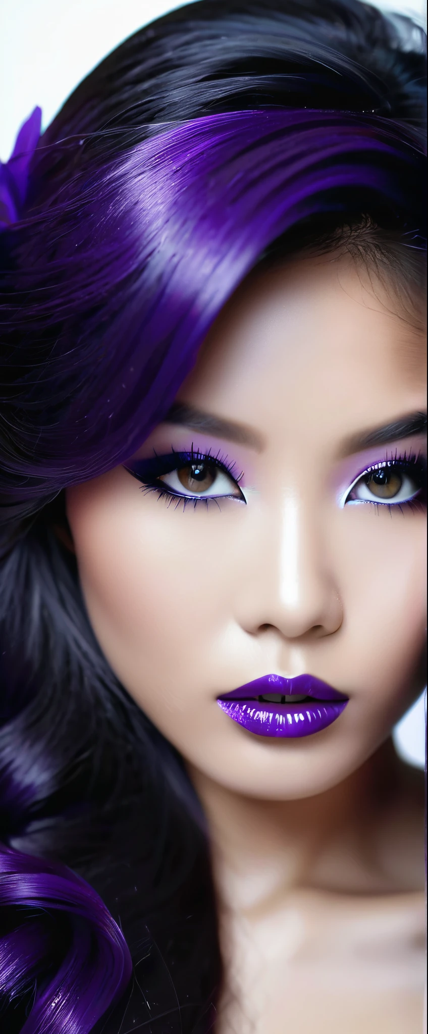 Sublime very sexy Asian woman, Detailed lips, detailed eyes, detailed eyelash, detailed face, sublime and detailed body, long cheveux violet, visage de séduction, ((violet make-up)), photo du milieu du corps, ((porter un costume)),(( Une cravate violette, photo noir et blanc et violet, only black and white and purple photo)), (((photo noir et blanc et violet : 2.0, only black and white and purple photo :2.0, purple only on iris and make-up and hair, b/w, b&w))) 