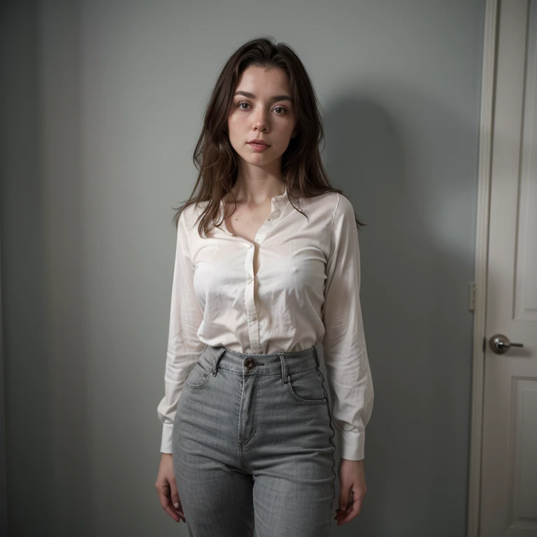 arafed woman in a white shirt and grey pants standing in front of a blue wall, kirsi salonen, magdalena andersson, wearing a blouse, magdalena radziej, wearing a white blouse, moleksandra shchaslyva, niele toroni, photo of džesika devic, serena malyon